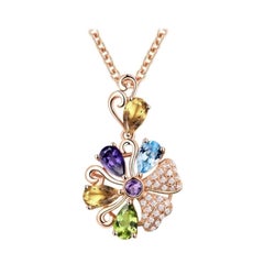 Amethyst Peridot Blue Topaz Citrine Diamond Necklace 18K Rose Gold