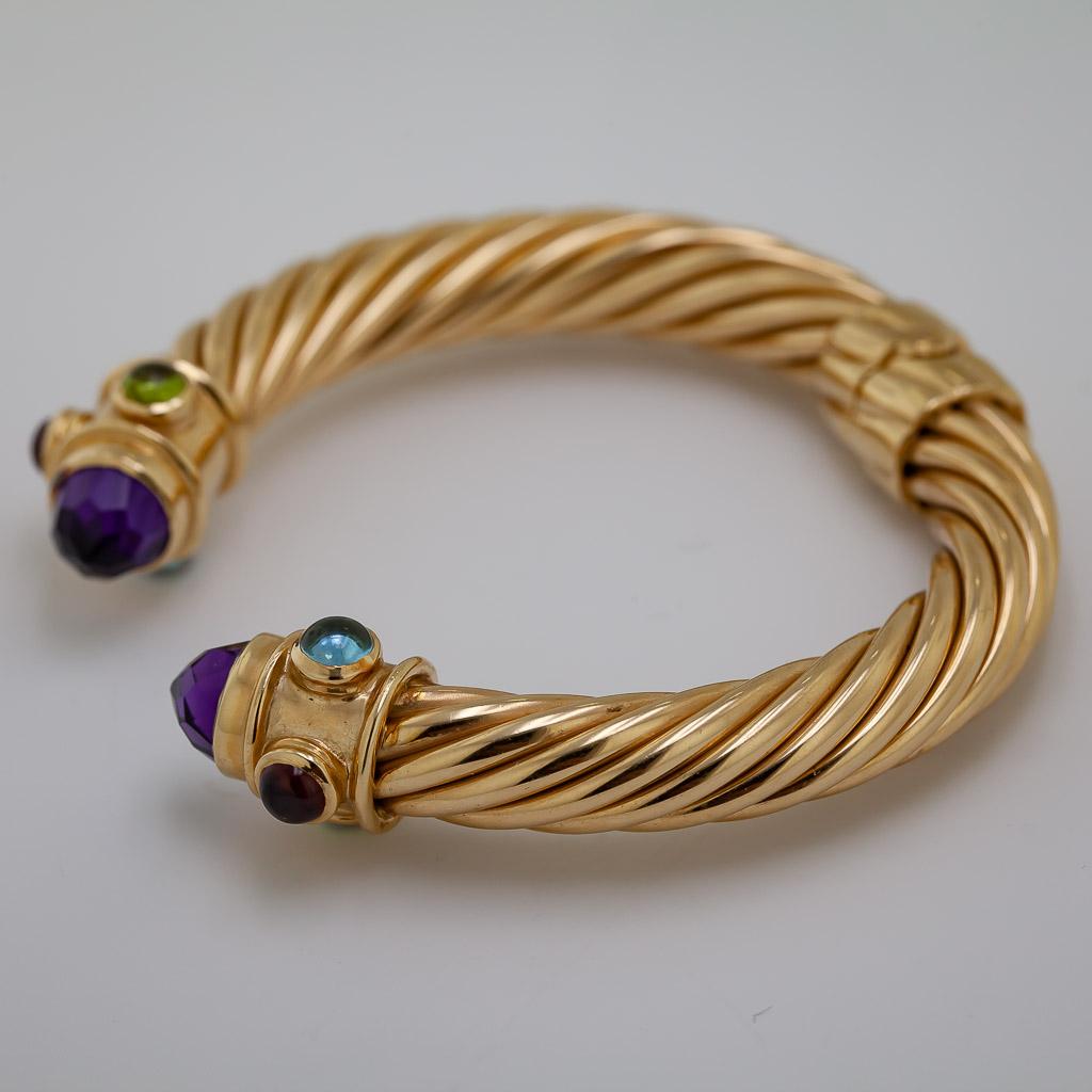 Amethyst, Peridot, Blue Topaz, Garnet, Cable Twist Hinged Cuff In Excellent Condition For Sale In Pleasant Hill, CA