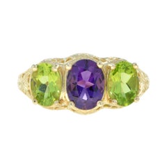 Amethyst Peridot Filigree Three Stone Ring in Solid 14K Yellow Gold