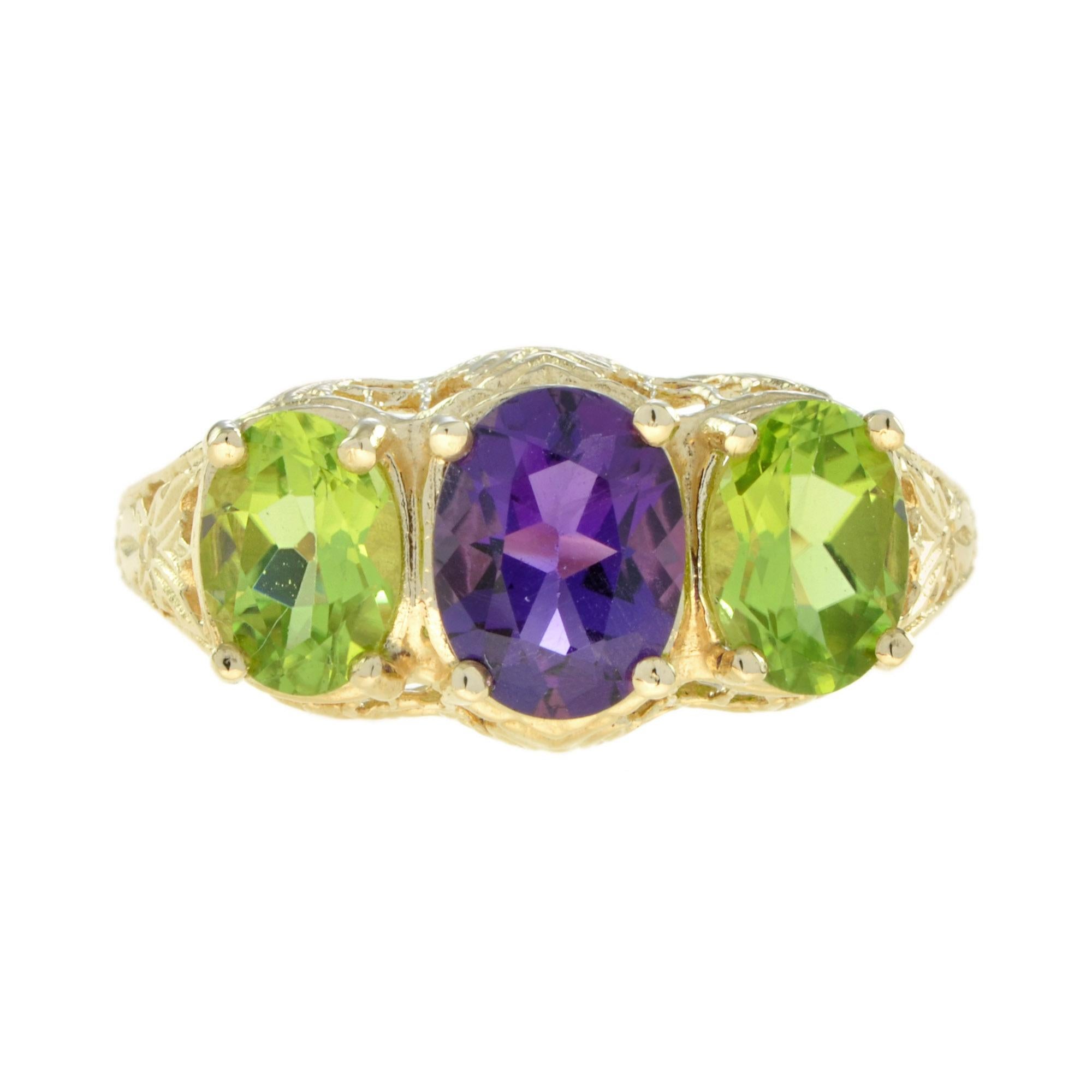 An Art Deco style filigree three stone ring with 8x6  mm. natural amethyst in the center and two 7x5 mm. natural peridot each side. Filigree rings are timeless in style and can be enjoyed, cherished and handed down as precious family