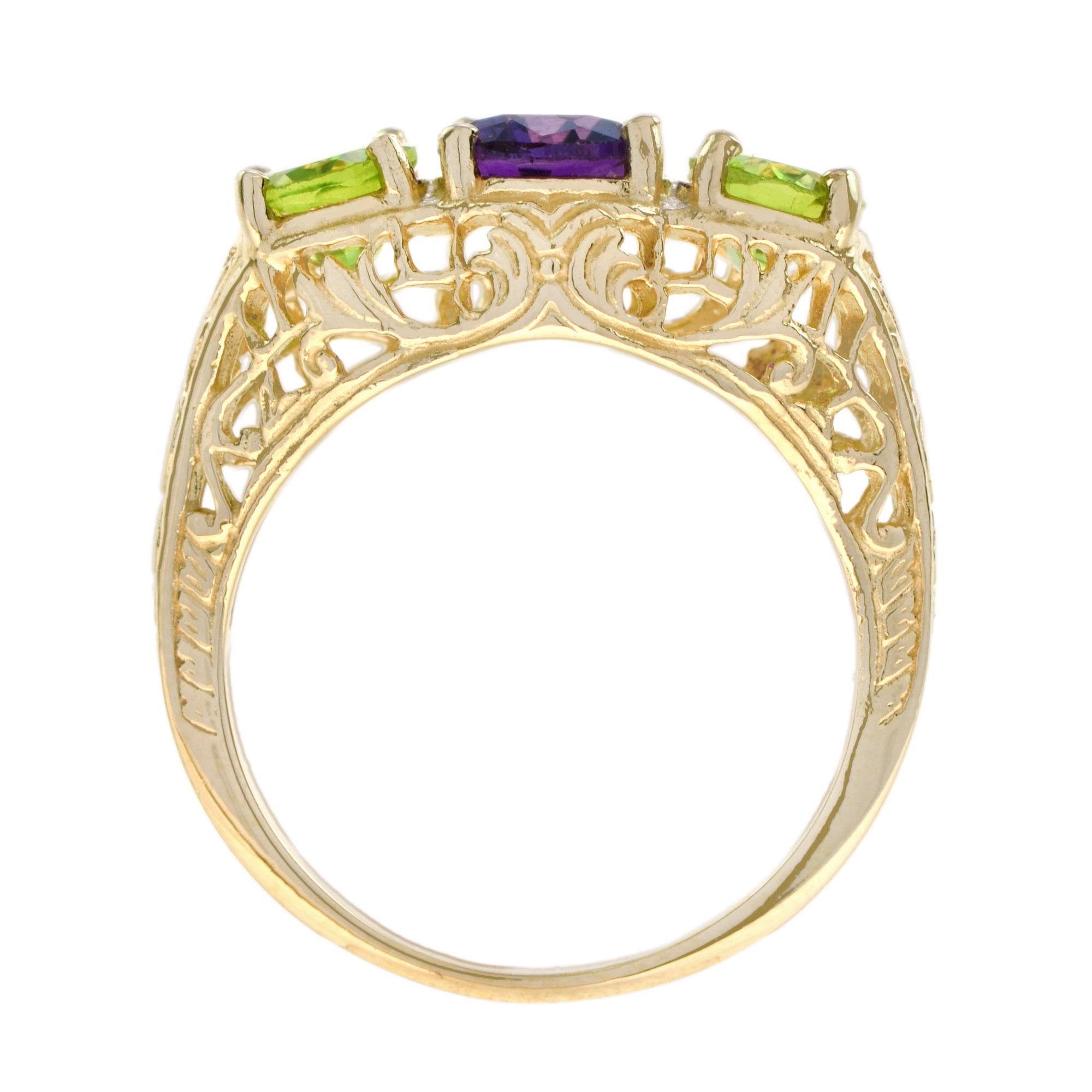 Art Deco Amethyst Peridot Filigree Three Stone Ring in Solid 14K Yellow Gold For Sale