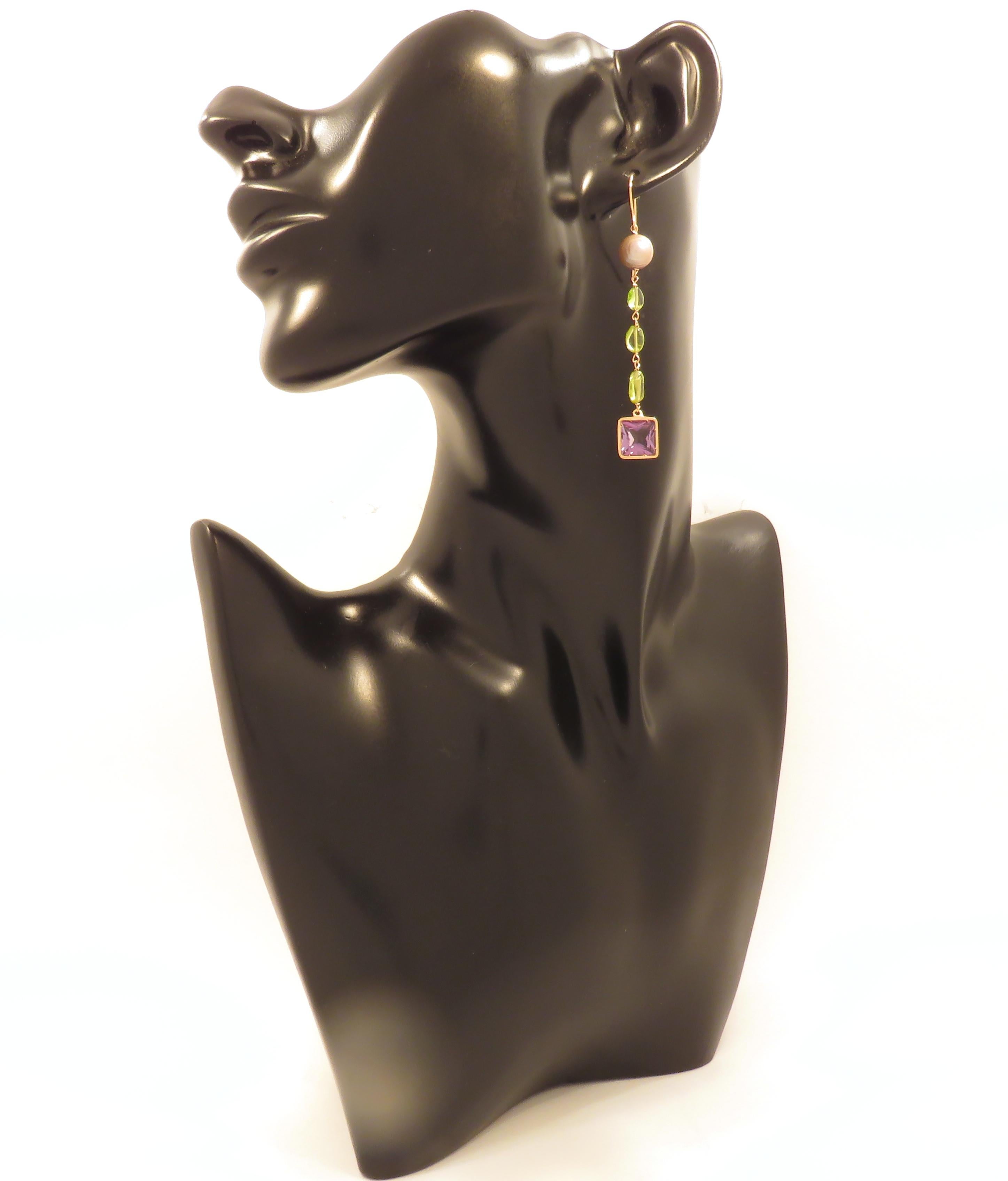Contemporary Amethyst Peridot Freshwater Pearls9 Karat Rose Gold Dangle Earrings Handcrafted