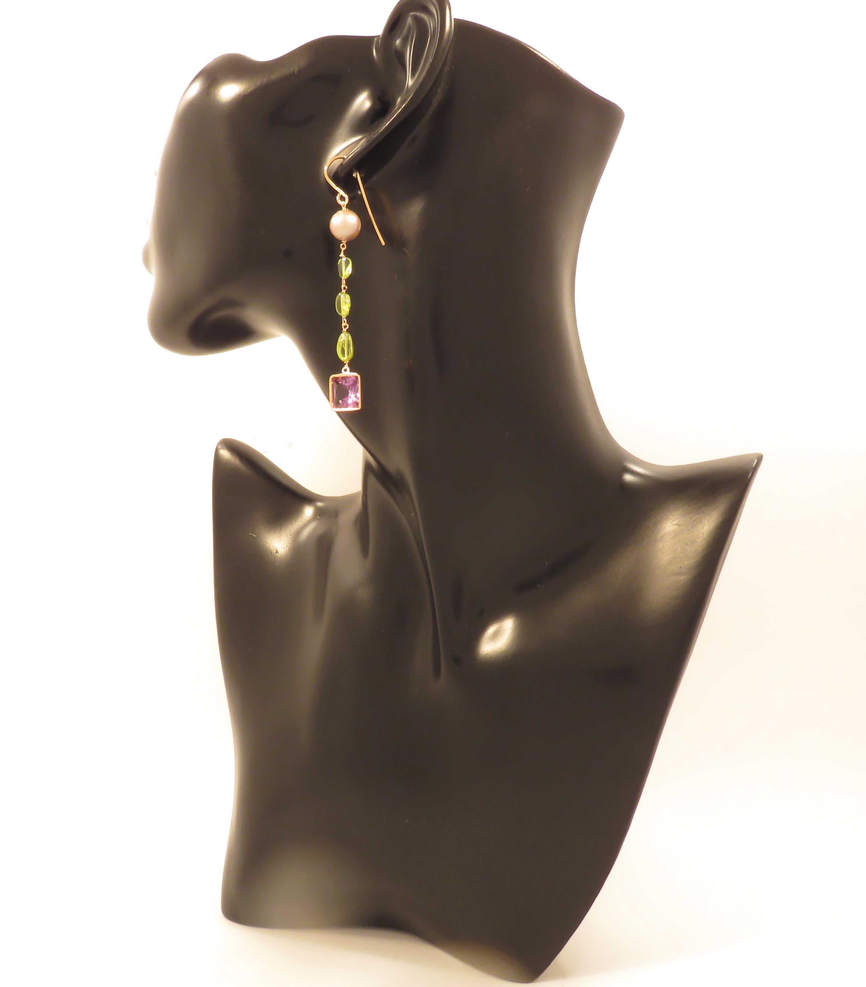 Amethyst Peridot Freshwater Pearls9 Karat Rose Gold Dangle Earrings Handcrafted In New Condition In Milano, IT