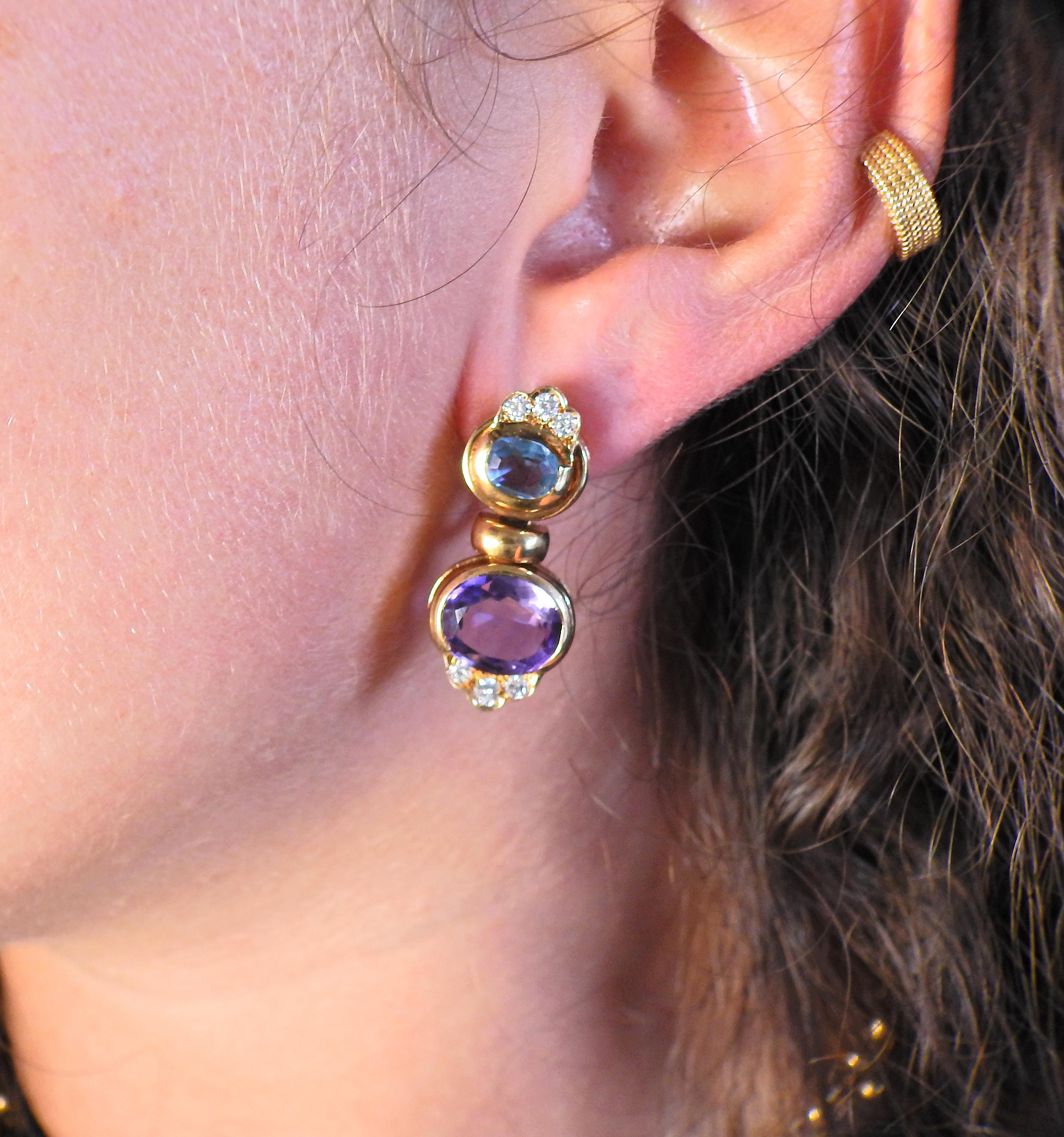 Oval Cut Amethyst Peridot Gold Earrings For Sale