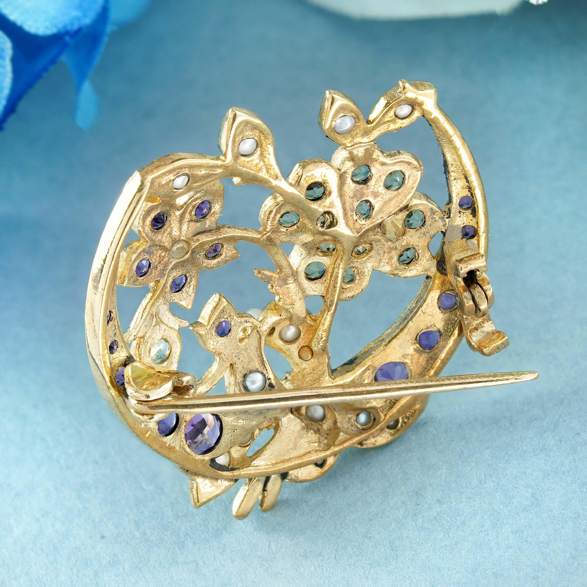 Amethyst Peridot Pearl Flower on The Moon Vintage Style Brooch in 9k Gold In New Condition For Sale In Bangkok, TH