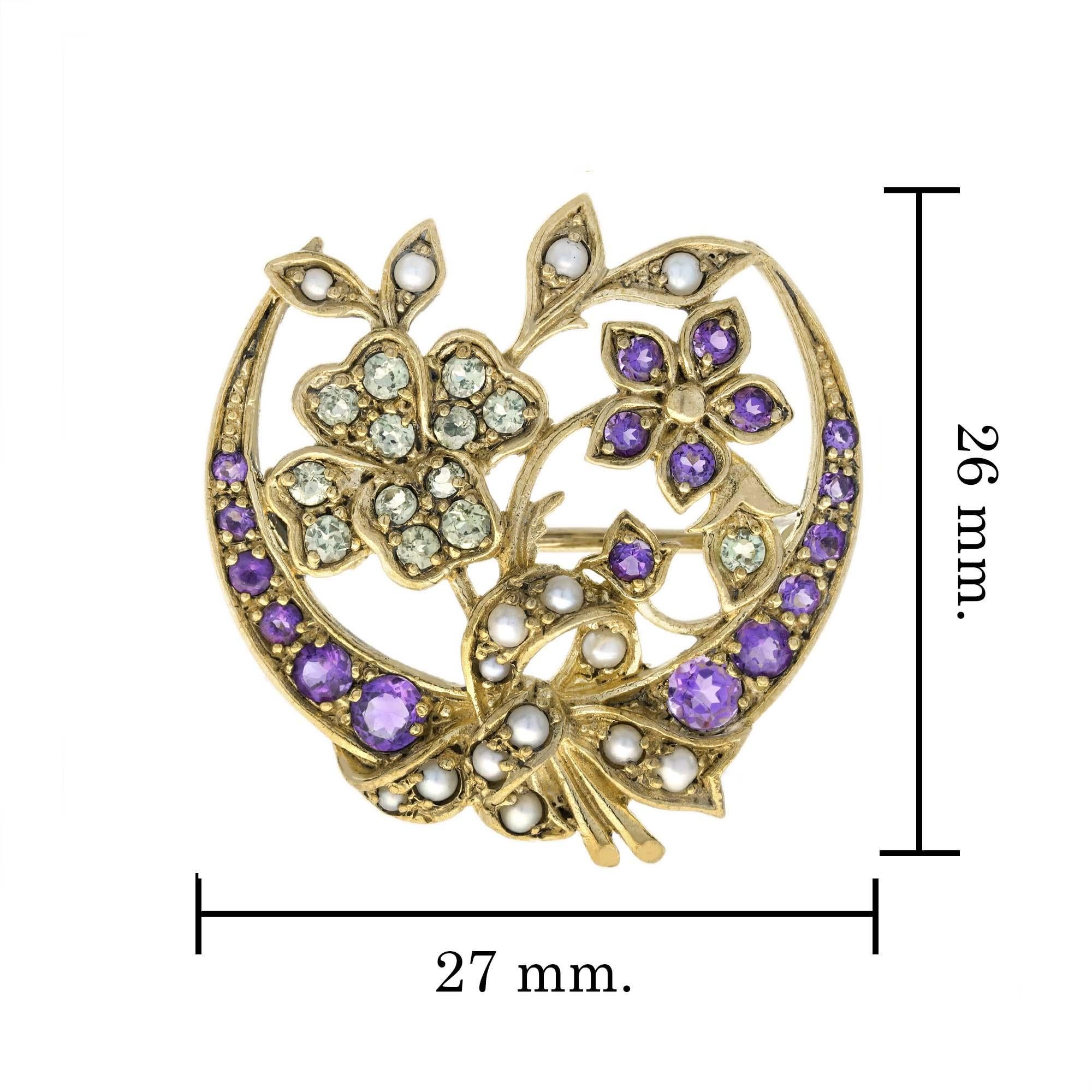 Women's Amethyst Peridot Pearl Flower on The Moon Vintage Style Brooch in 9k Gold For Sale