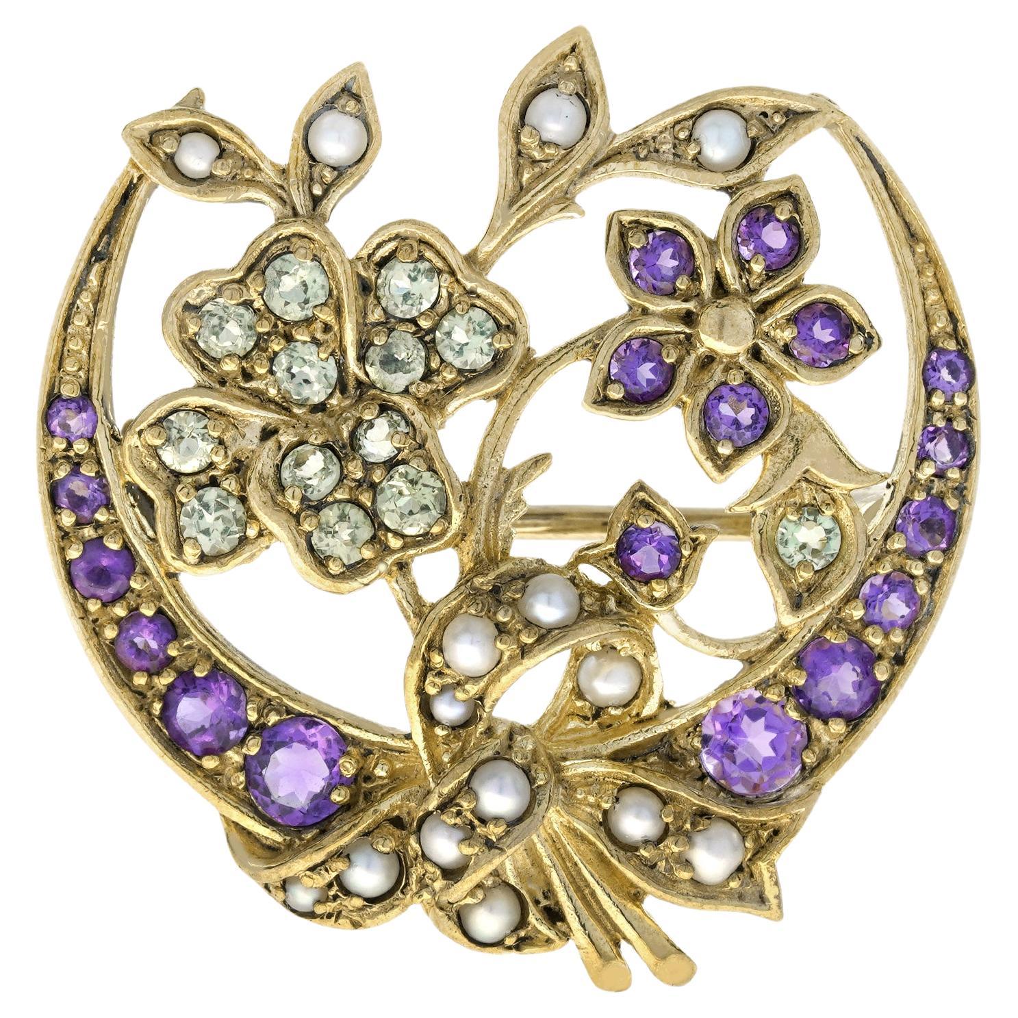 Amethyst Peridot Pearl Flower on The Moon Vintage Style Brooch in 9k Gold For Sale