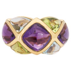 Amethyst Peridot Ring Harlequin Band Estate 18k Yellow Gold Sz 6 Cabochon Cut