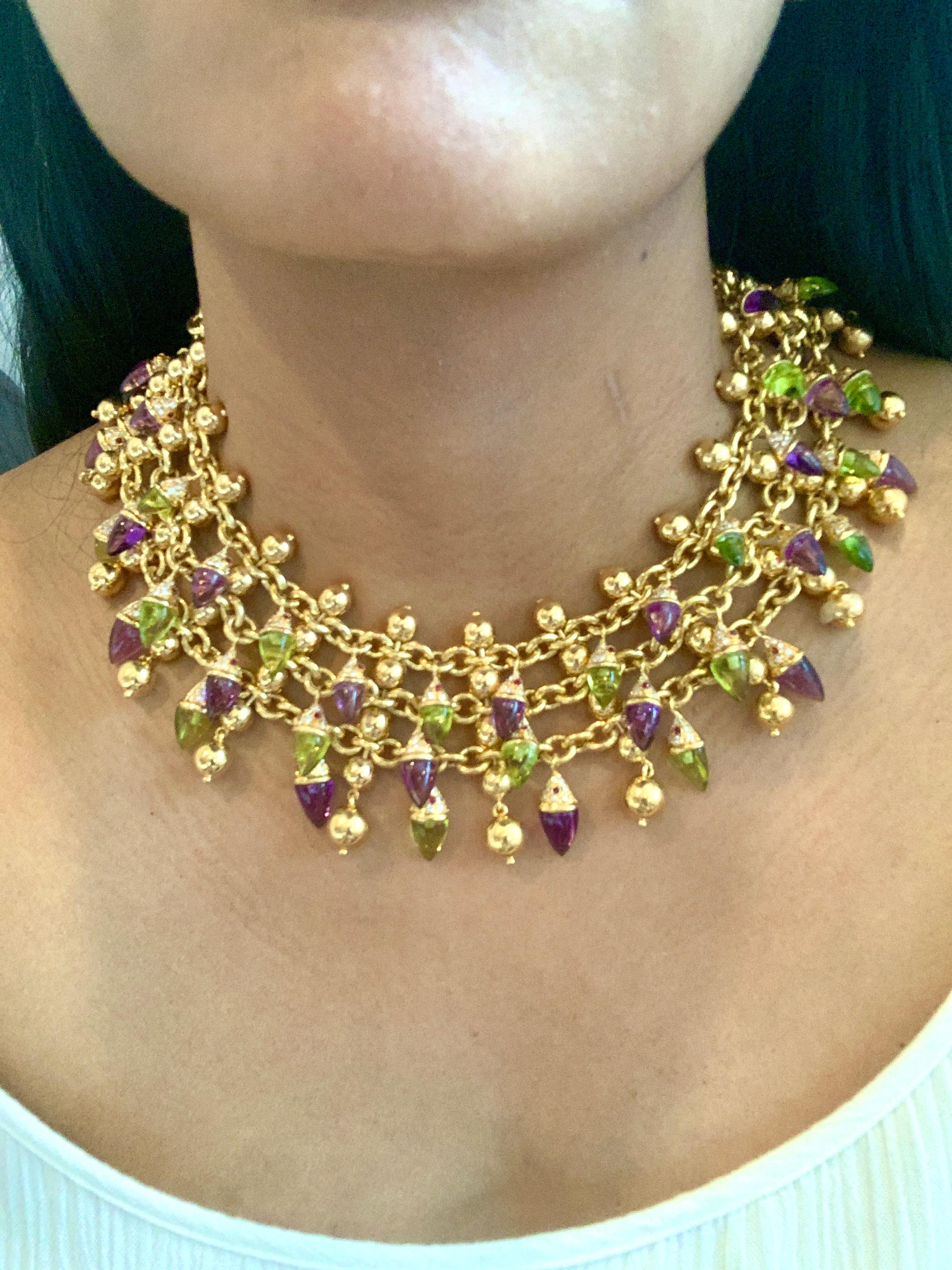 Amethyst, Peridot , Ruby, Diamond Multi Gem Collar Necklace 18 Karat Yellow Gold 6
