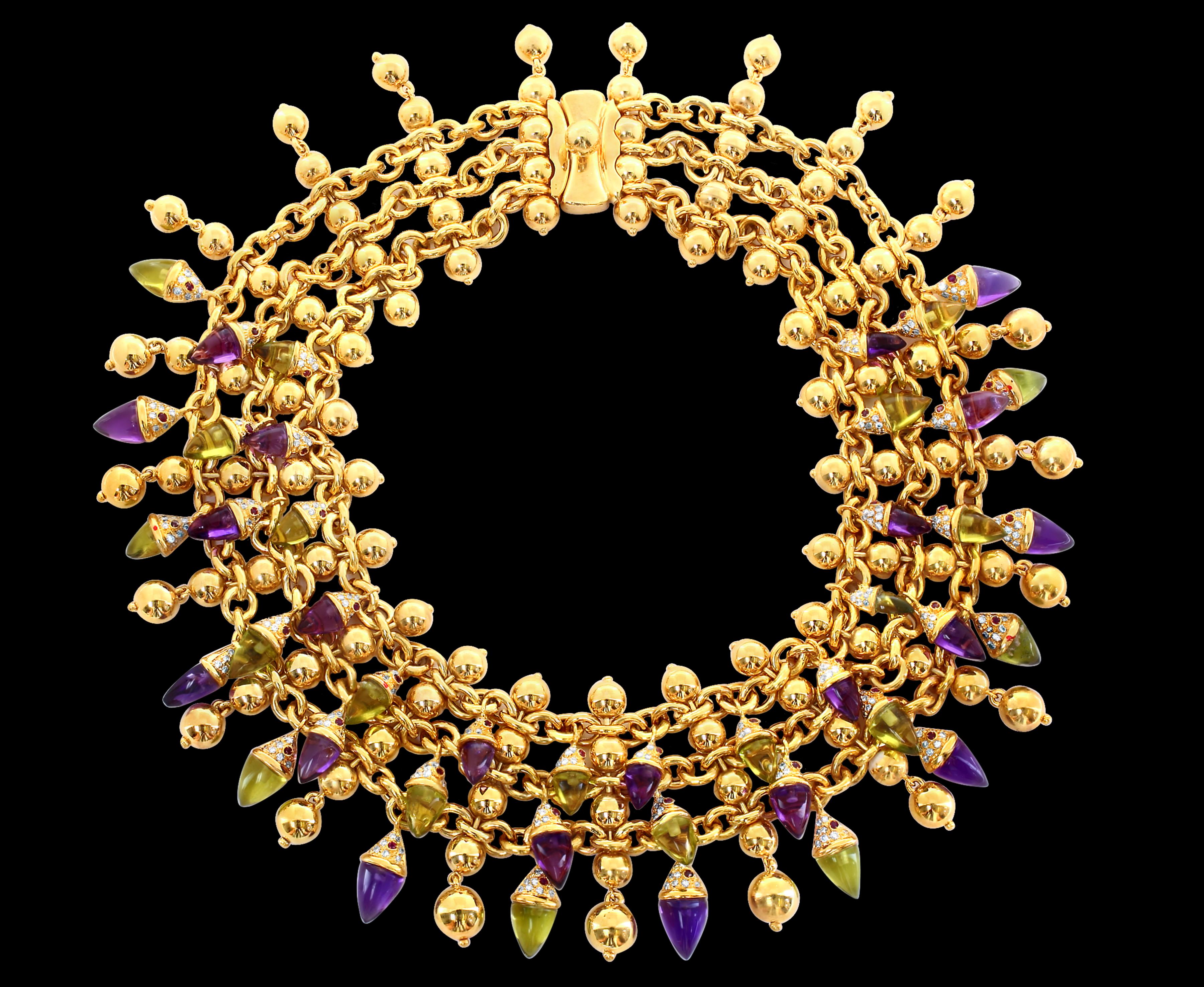 Trillion Cut Amethyst, Peridot , Ruby, Diamond Multi Gem Collar Necklace 18 Karat Yellow Gold