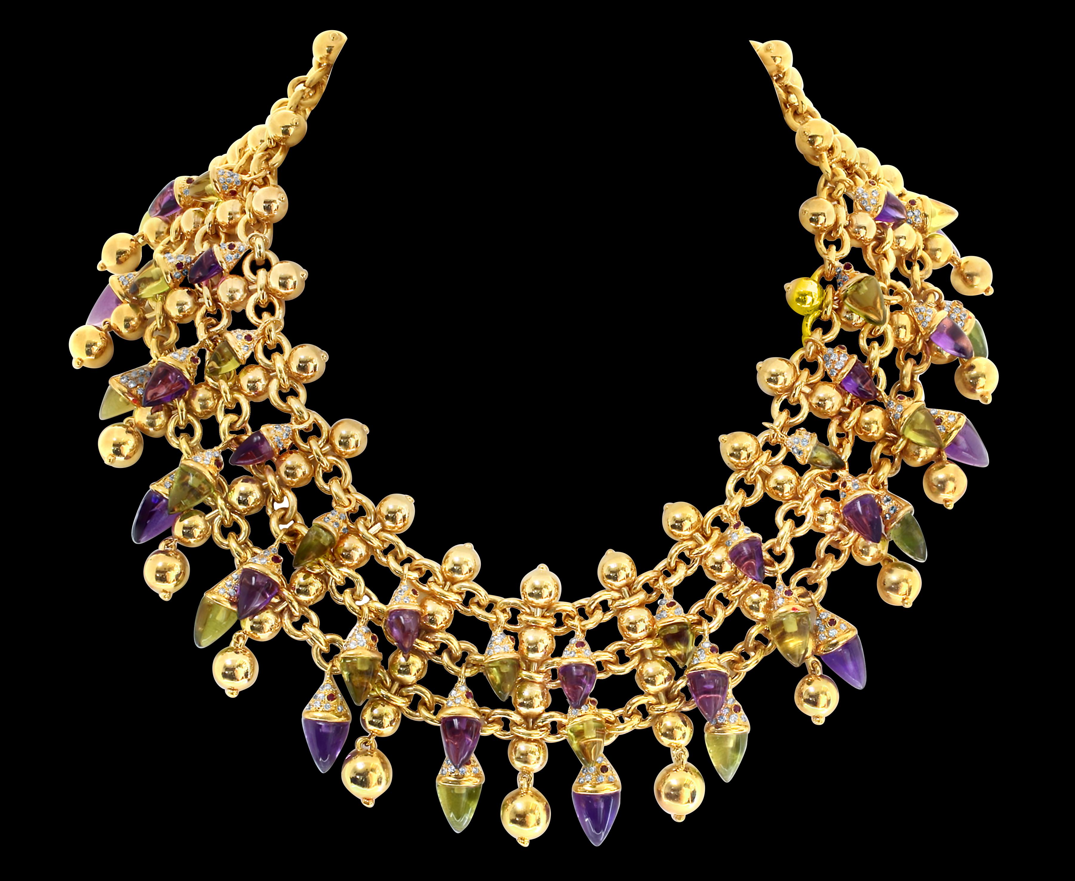 Amethyst, Peridot , Ruby, Diamond Multi Gem Collar Necklace 18 Karat Yellow Gold In Excellent Condition In New York, NY