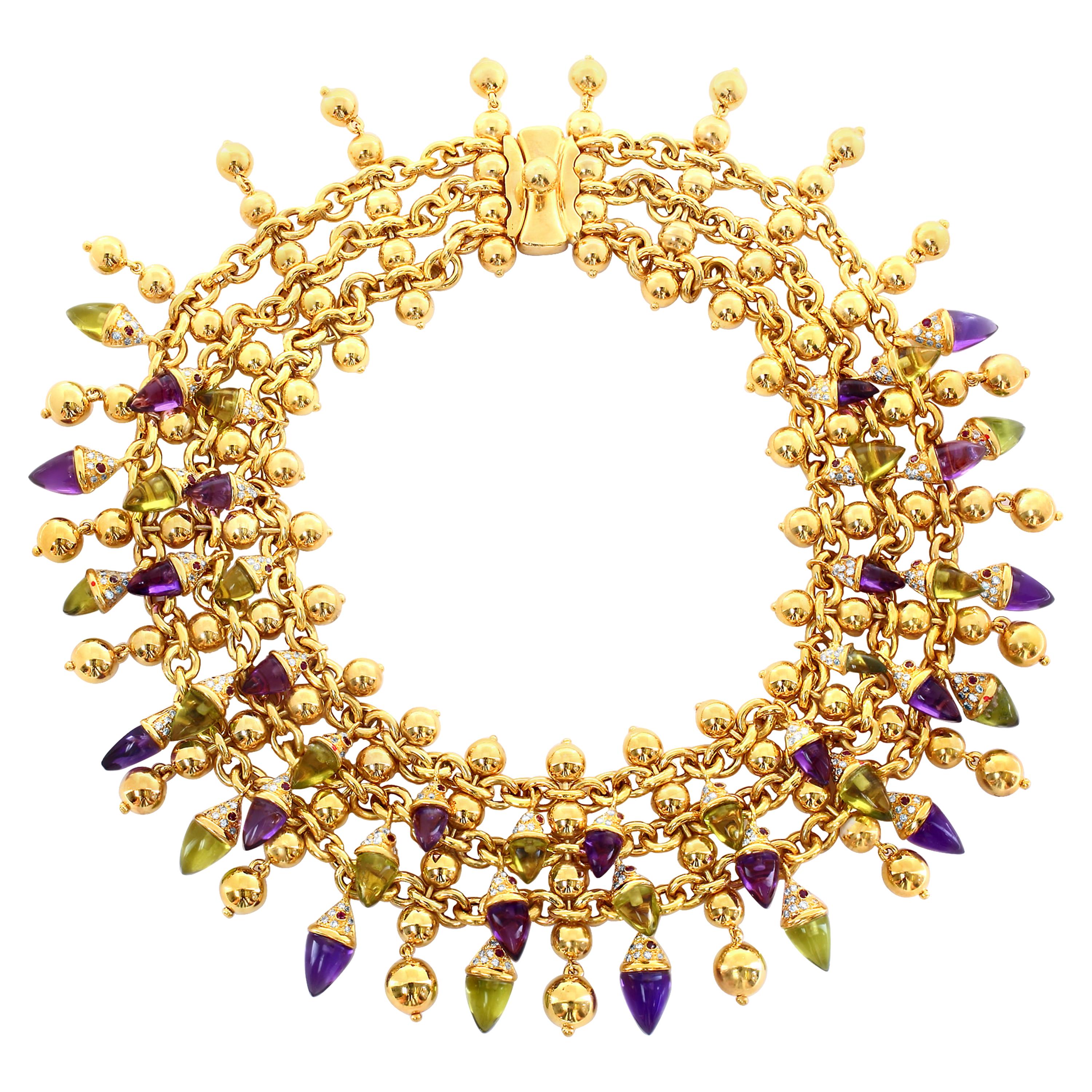 Amethyst, Peridot , Ruby, Diamond Multi Gem Collar Necklace 18 Karat Yellow Gold