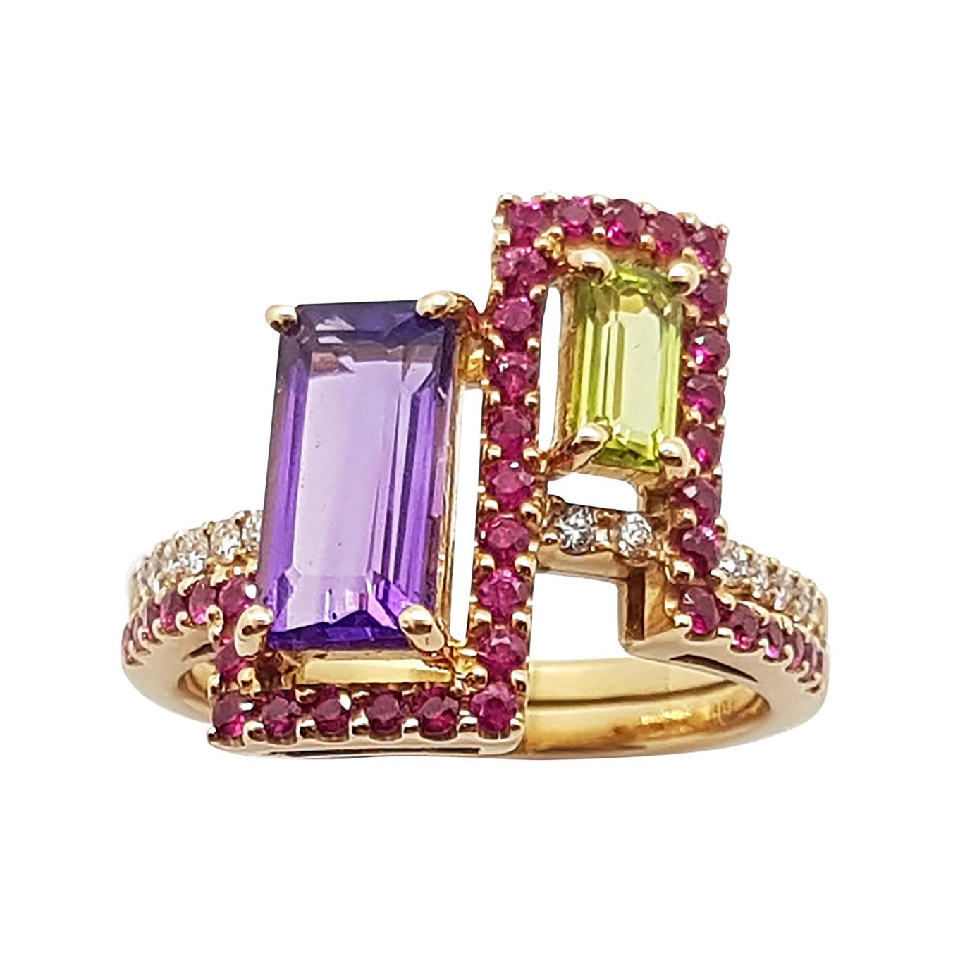 Amethyst, Peridot with Pink Sapphire Ring in 18K Rose Gold by Kavant & Sharart For Sale