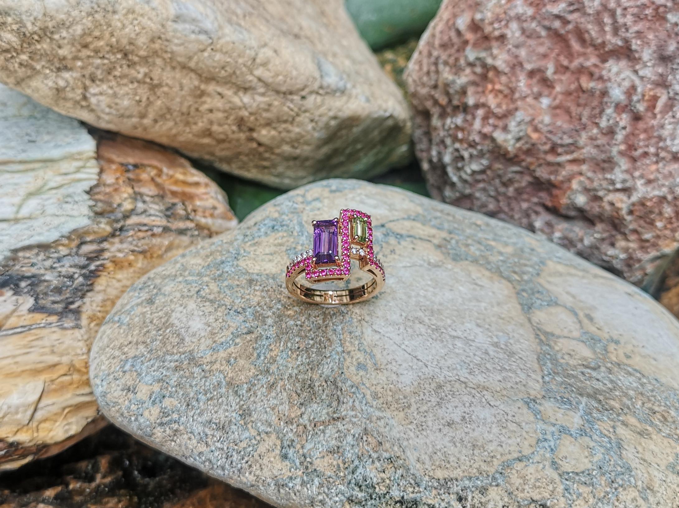 Amethyst, Peridot with Pink Sapphire Ring in 18k Rose Gold Settings For Sale 5