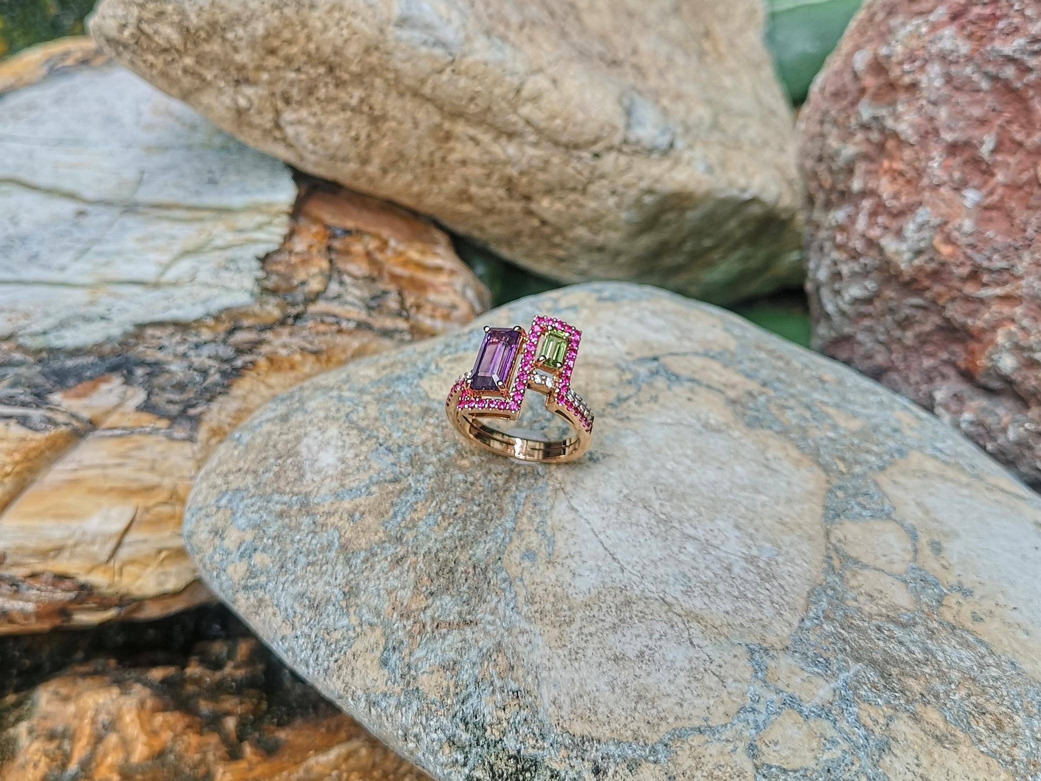 Amethyst, Peridot with Pink Sapphire Ring in 18k Rose Gold Settings For Sale 7