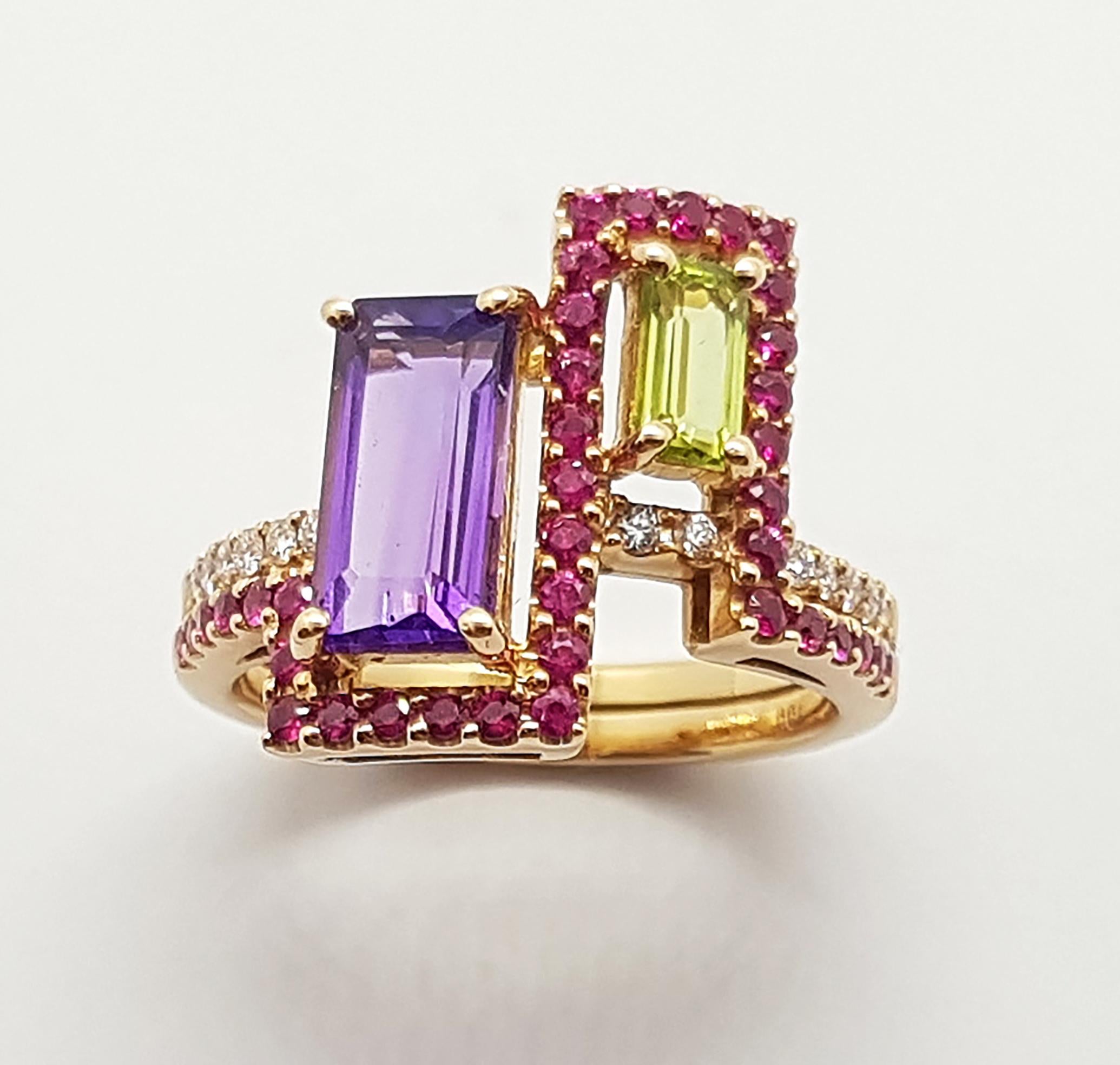 Amethyst, Peridot with Pink Sapphire Ring in 18k Rose Gold Settings In New Condition For Sale In Bangkok, 10