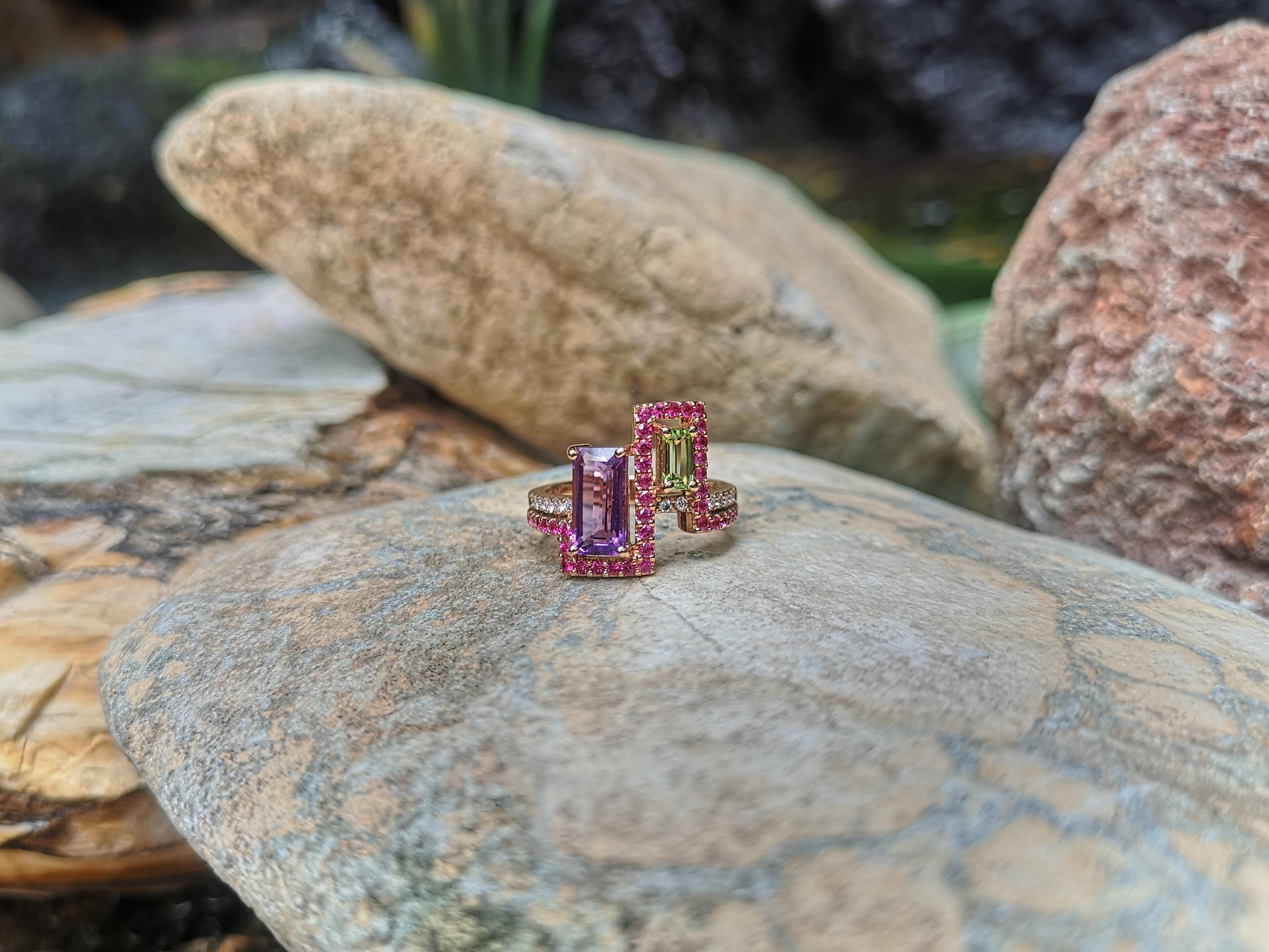 Women's or Men's Amethyst, Peridot with Pink Sapphire Ring in 18k Rose Gold Settings For Sale