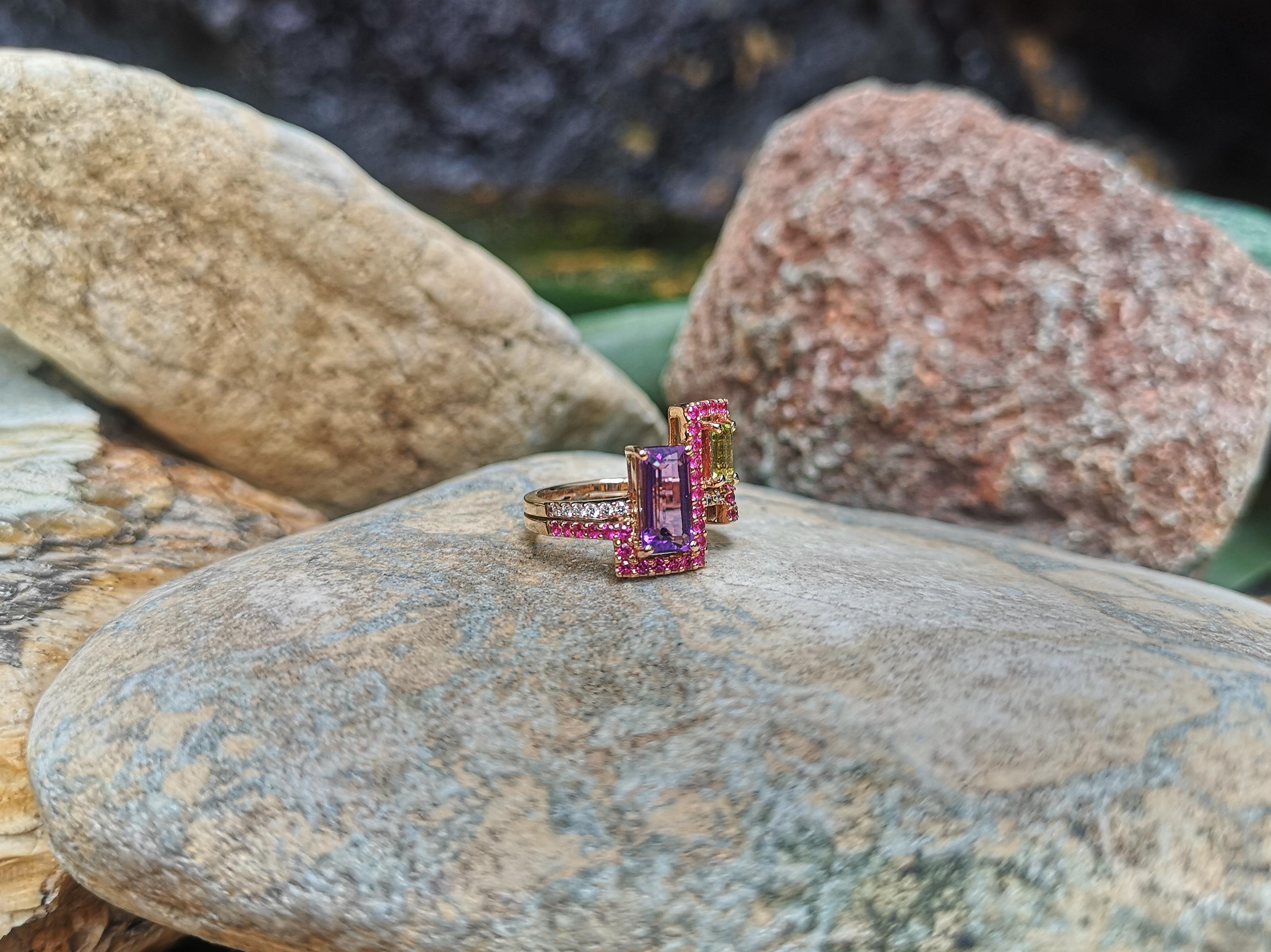 Amethyst, Peridot with Pink Sapphire Ring in 18k Rose Gold Settings For Sale 1