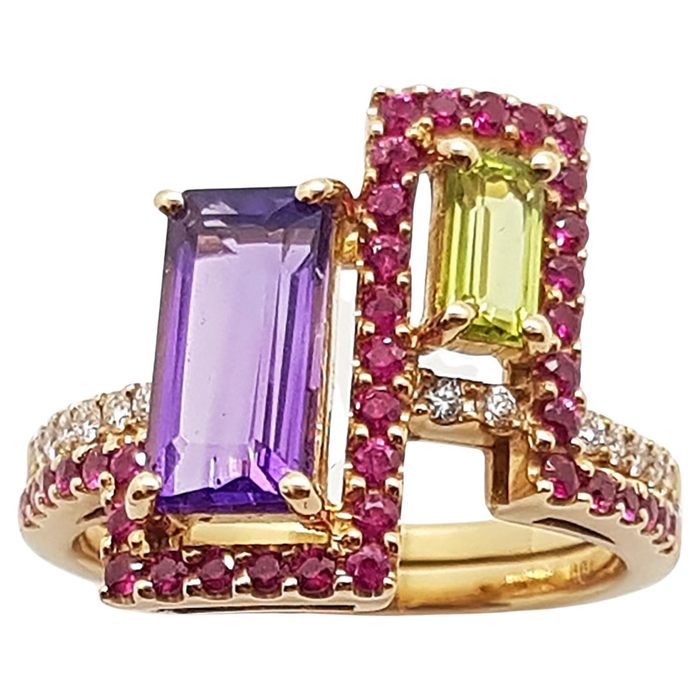 Amethyst, Peridot with Pink Sapphire Ring in 18k Rose Gold Settings For Sale