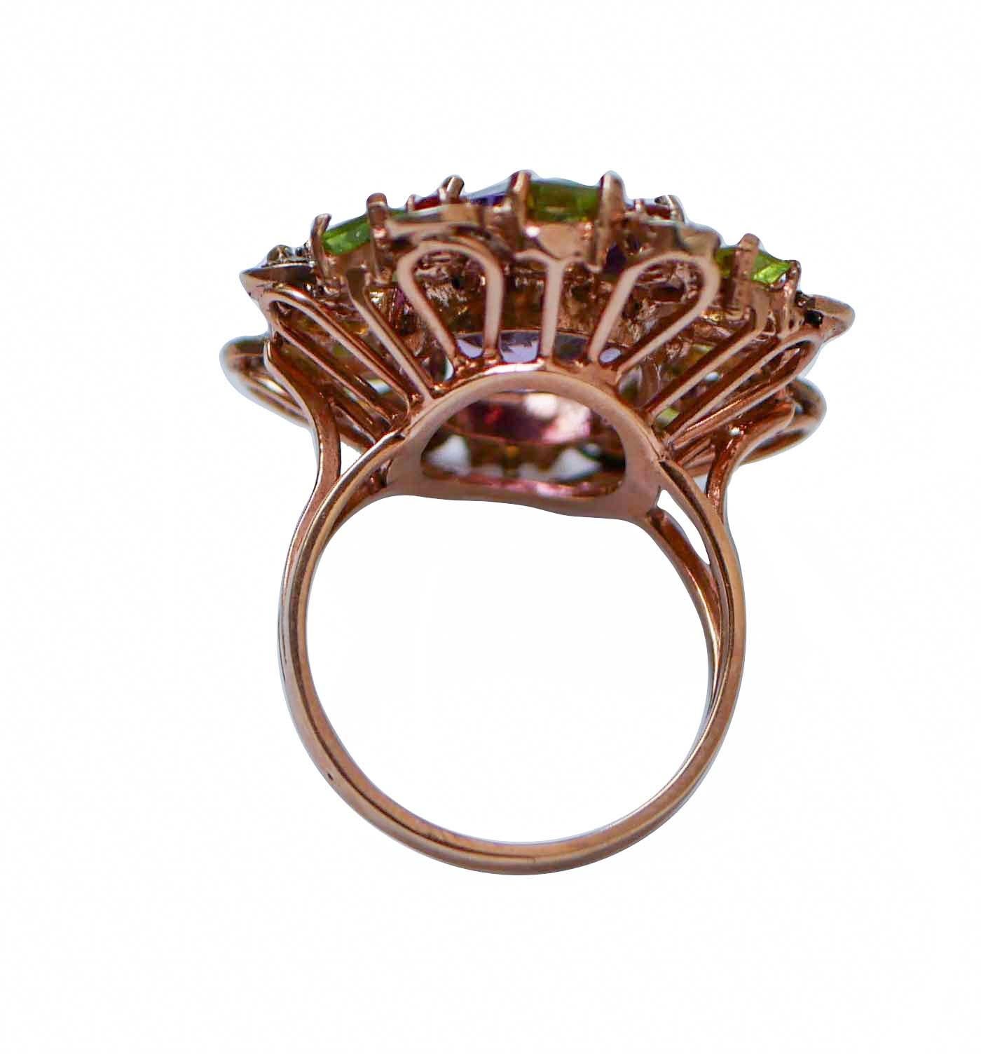 Retro Amethyst, Peridots, Garnets, Diamonds, Rose Gold and Silver Ring. For Sale