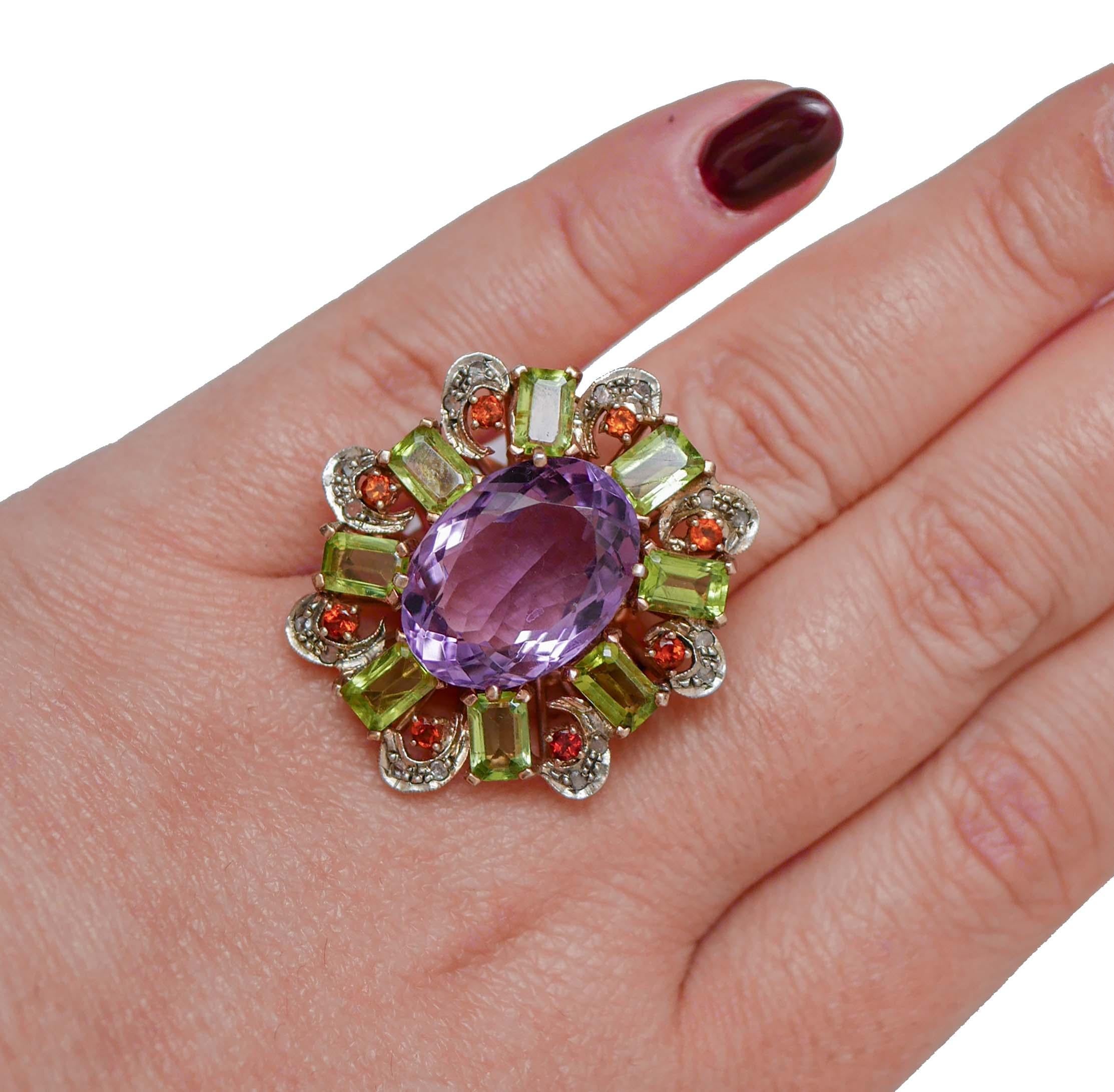 Mixed Cut Amethyst, Peridots, Garnets, Diamonds, Rose Gold and Silver Ring. For Sale