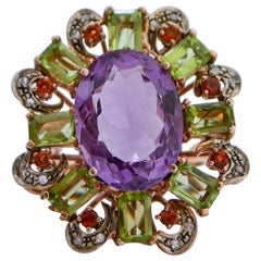 Amethyst, Peridots, Granate, Diamanten, Roségold und Silberring.