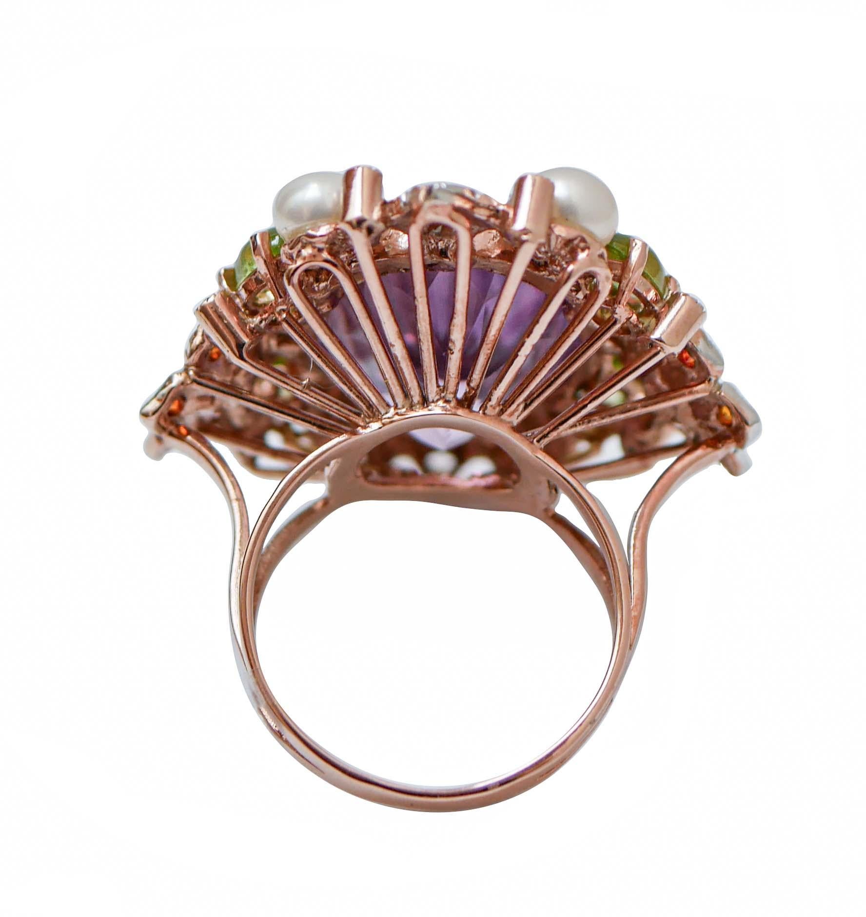 Retro Amethyst, Peridots, Pearls, Stones,  Diamonds, Rose Gold and Silver  Ring. For Sale