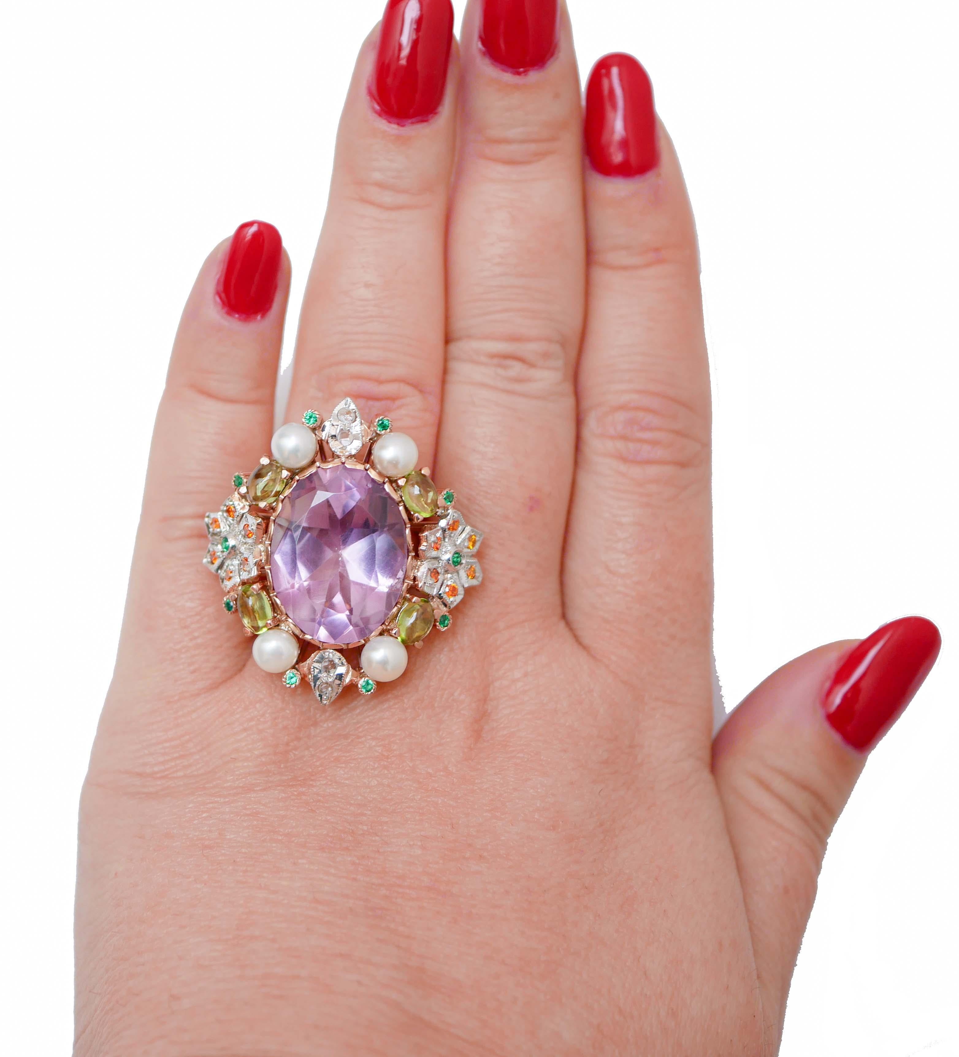 Mixed Cut Amethyst, Peridots, Pearls, Stones,  Diamonds, Rose Gold and Silver  Ring. For Sale
