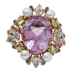 Amethyst, Peridots, Pearls, Stones,  Diamonds, Rose Gold and Silver  Ring.