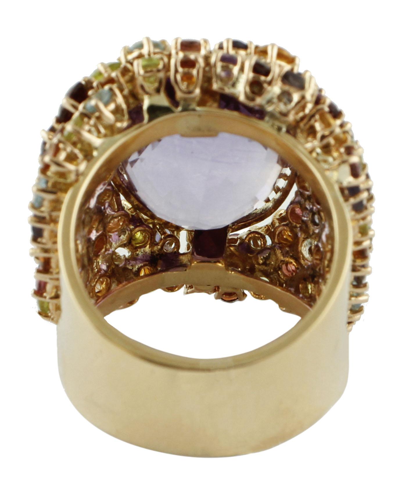 Retro Amethyst, Peridots, Topazes, Tourmaline, Aquamarine, Garnets Yellow Gold Ring For Sale