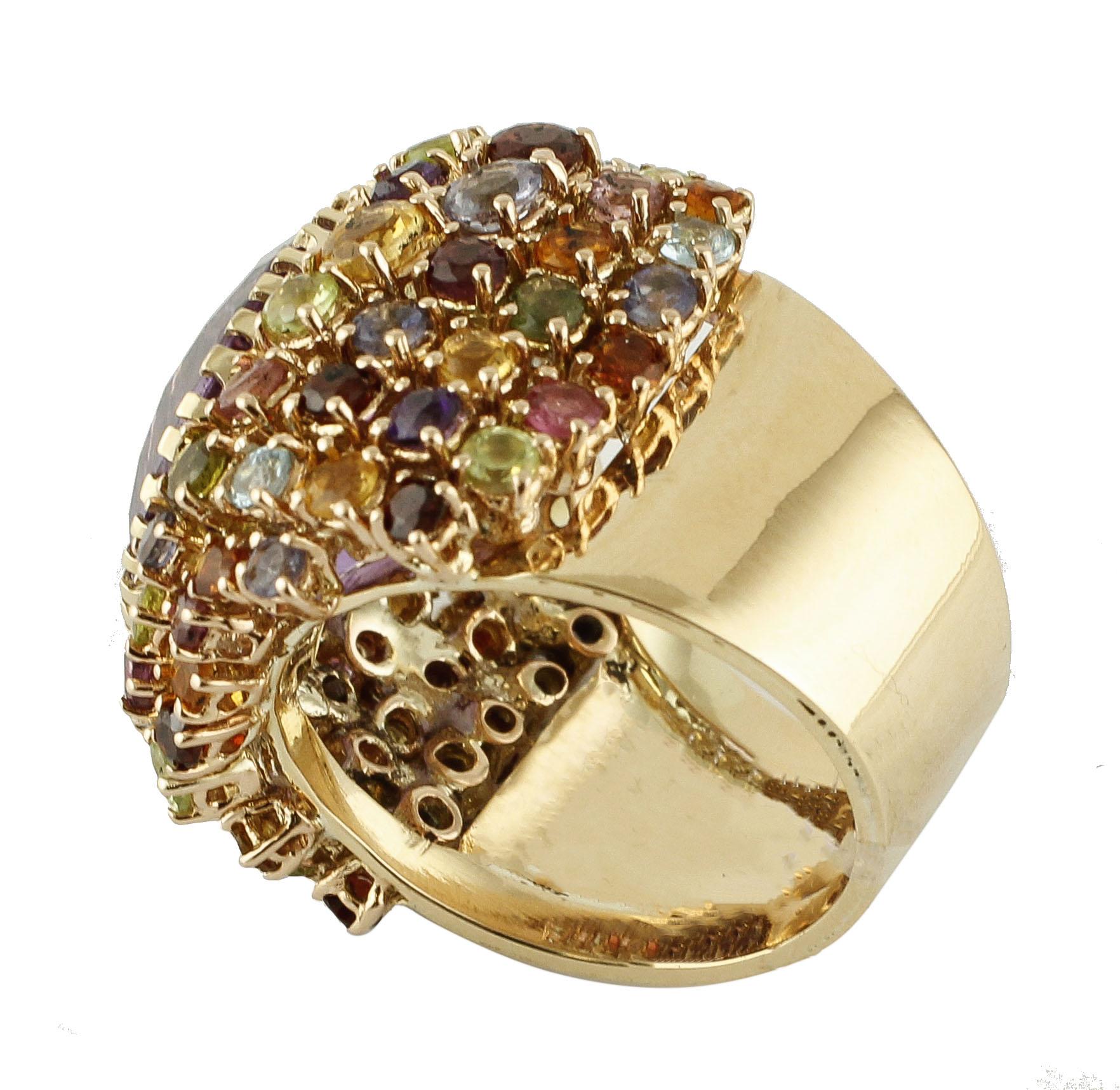 Mixed Cut Amethyst, Peridots, Topazes, Tourmaline, Aquamarine, Garnets Yellow Gold Ring For Sale