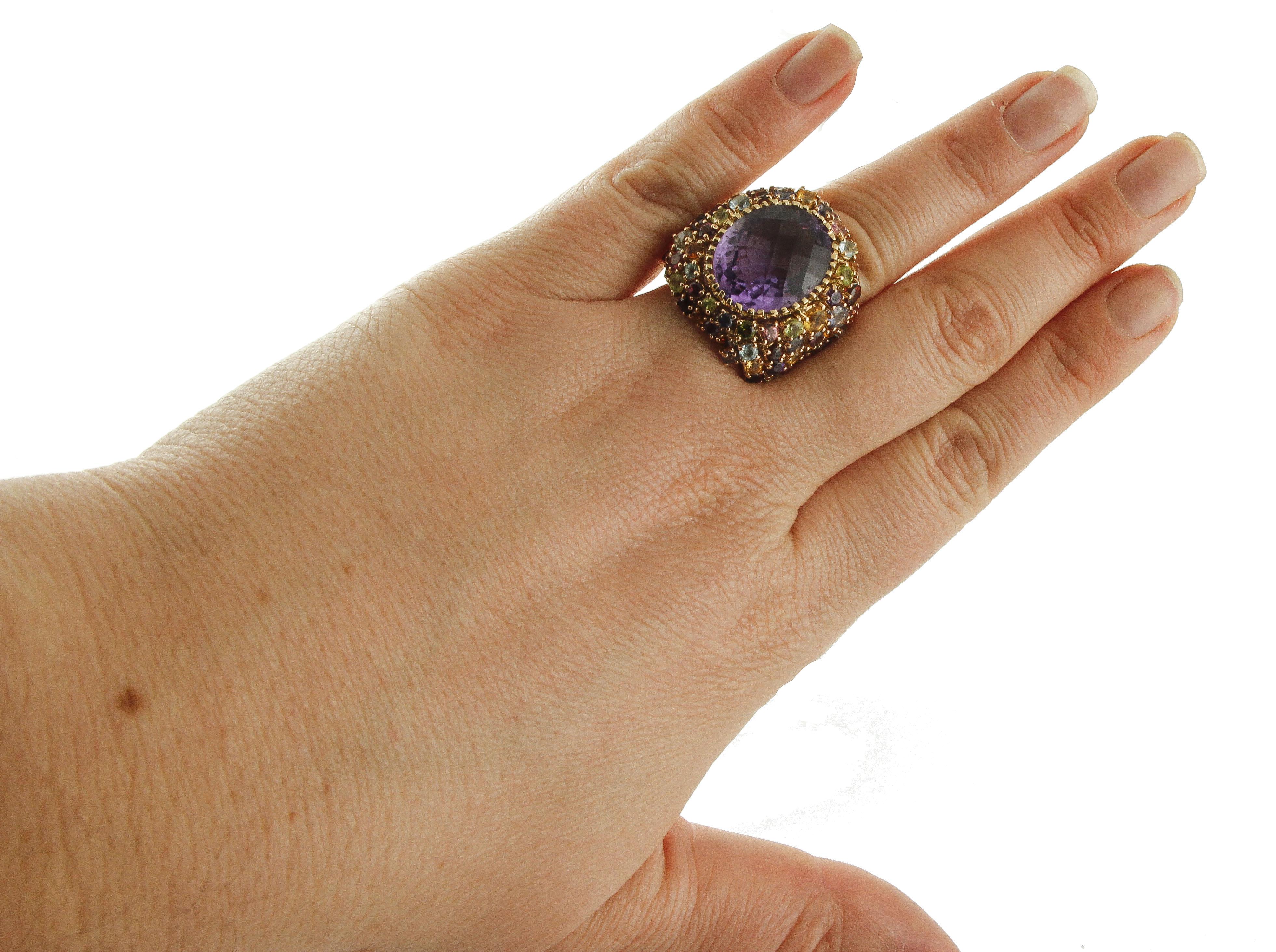 Women's Amethyst, Peridots, Topazes, Tourmaline, Aquamarine, Garnets Yellow Gold Ring For Sale