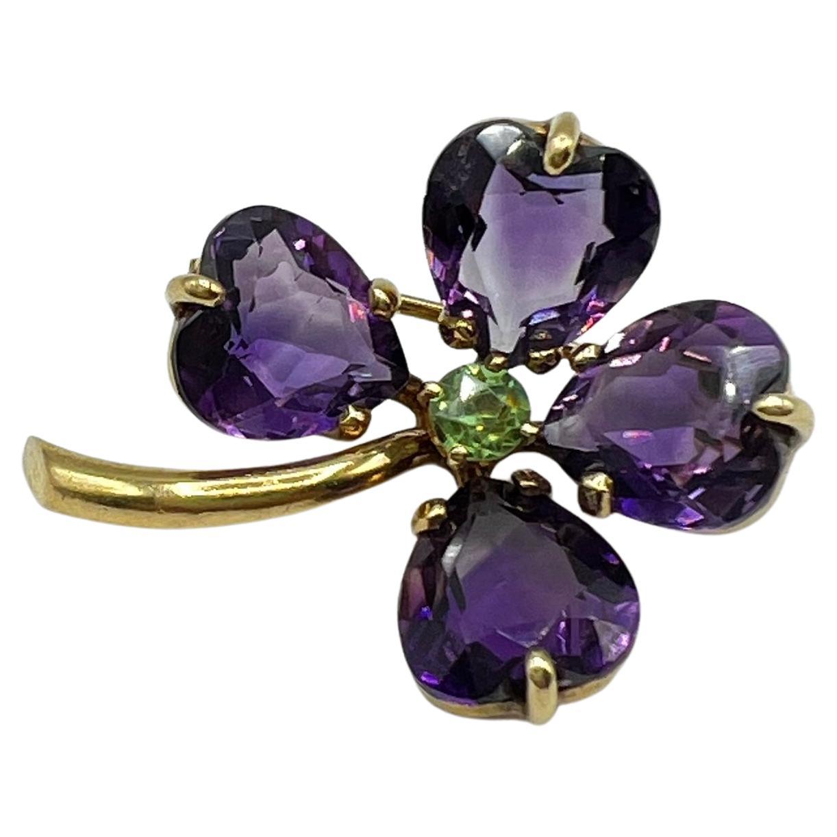 Amethyst Petal and Demantoid Garnet 18 Karat Gold Brooch For Sale