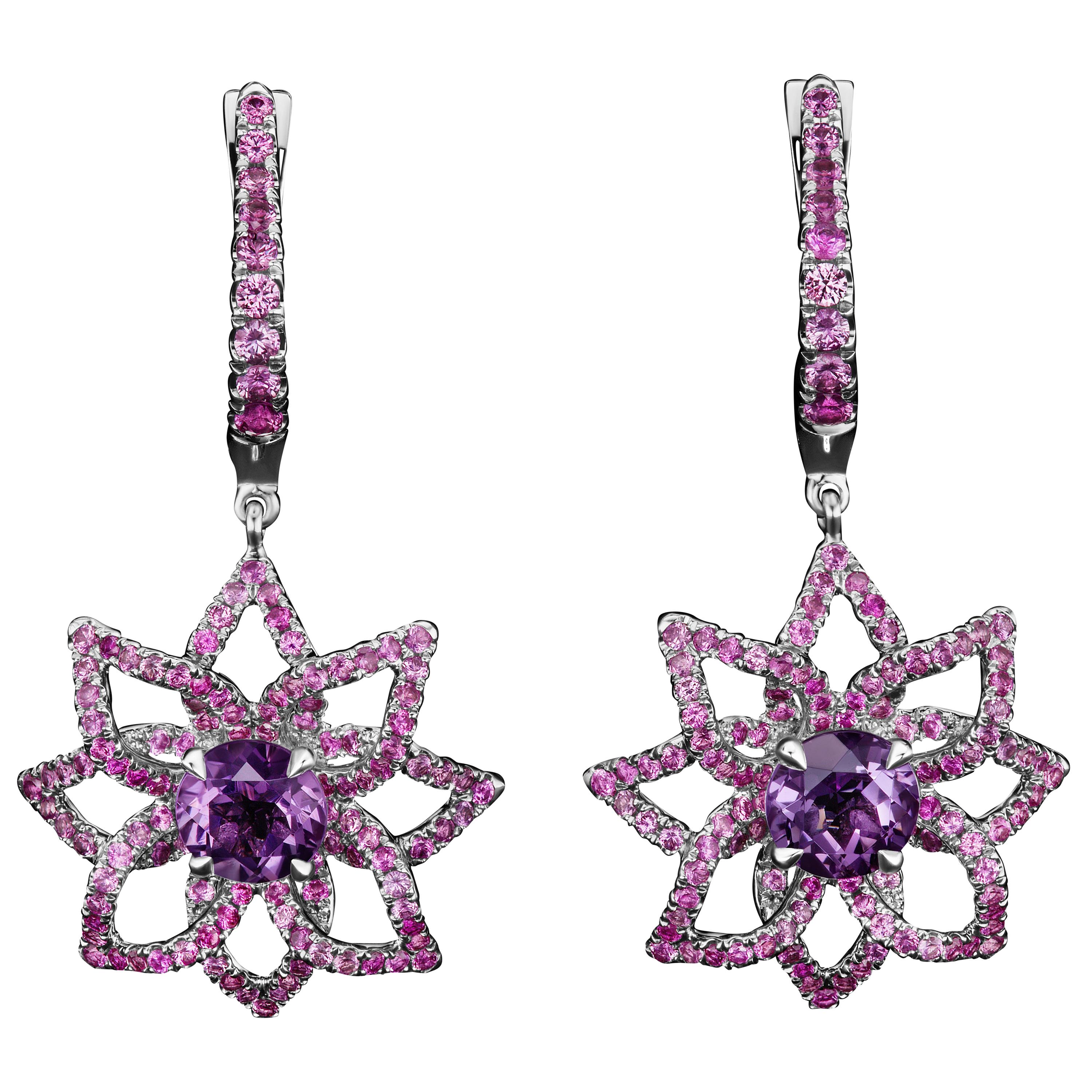JAG New York Amethyst and Pink Sapphires in Platinum Clip On Earrings For Sale
