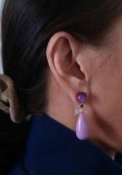 Amethyst Phosphosiderite Green Enamel 14K White Gold Diamonds Drop Earrings