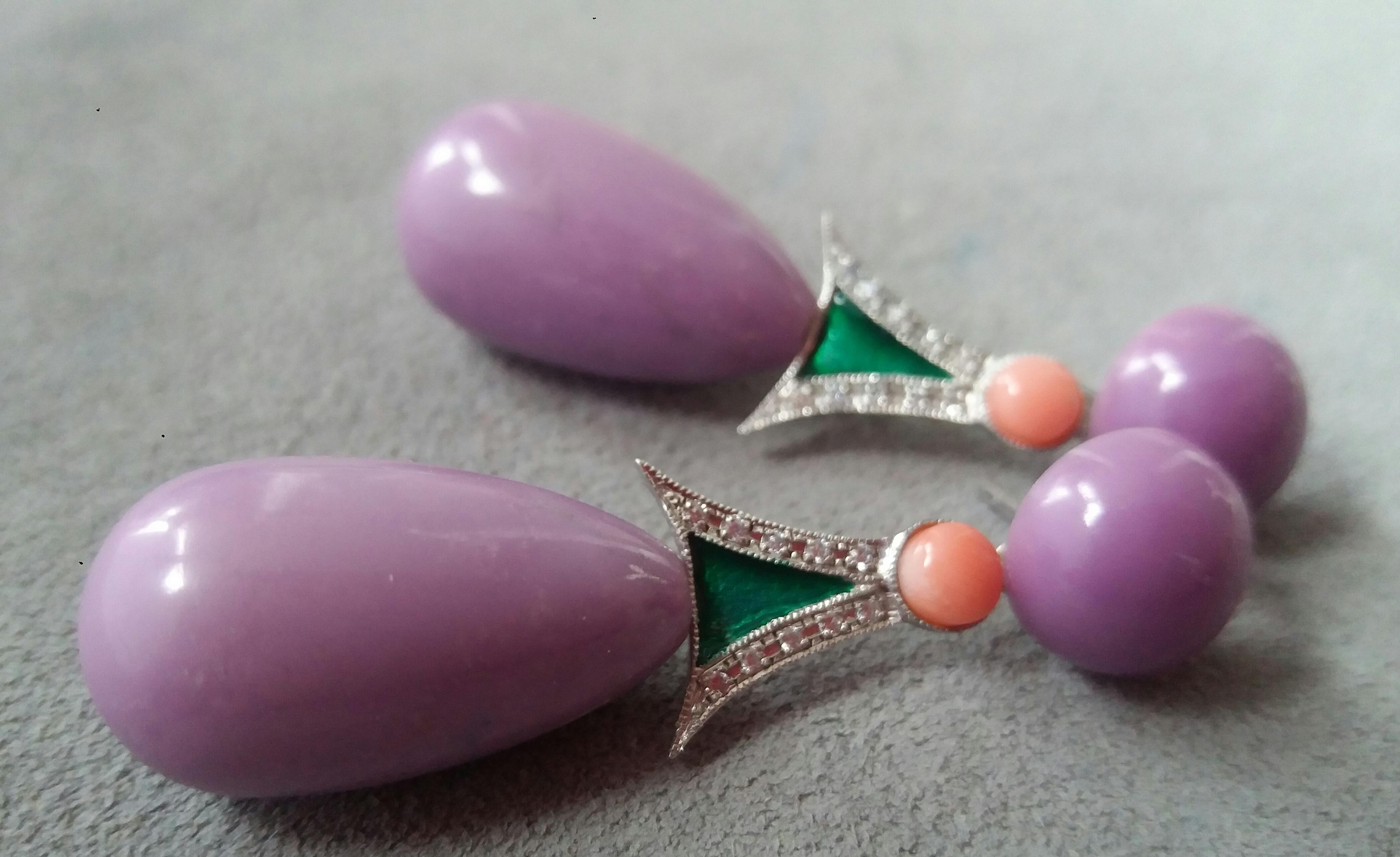 Art Deco Amethyst Phosphosiderite Pink Green Enamel 14k White Gold Diamonds Drop Earrings