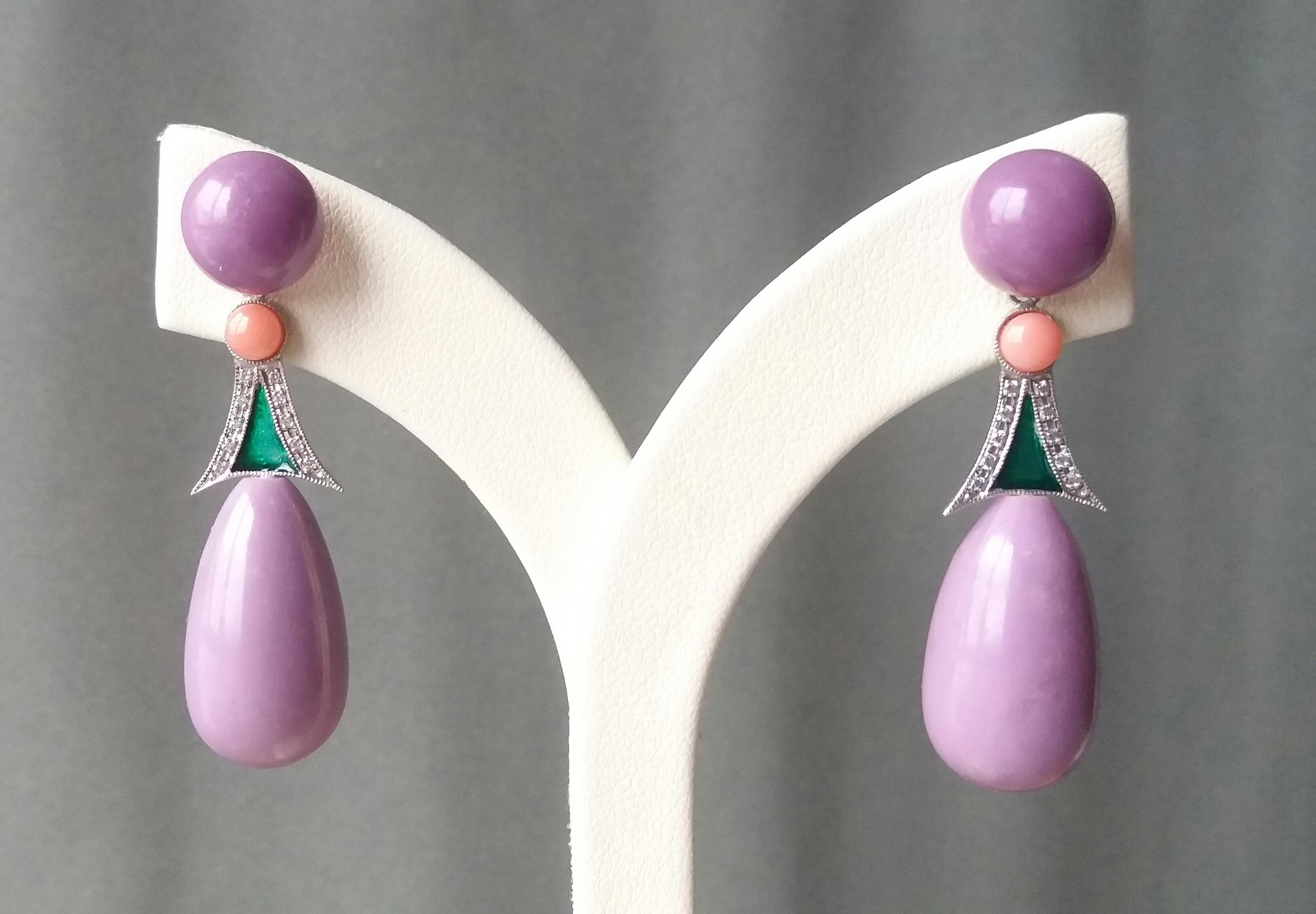 Mixed Cut Amethyst Phosphosiderite Pink Green Enamel 14k White Gold Diamonds Drop Earrings