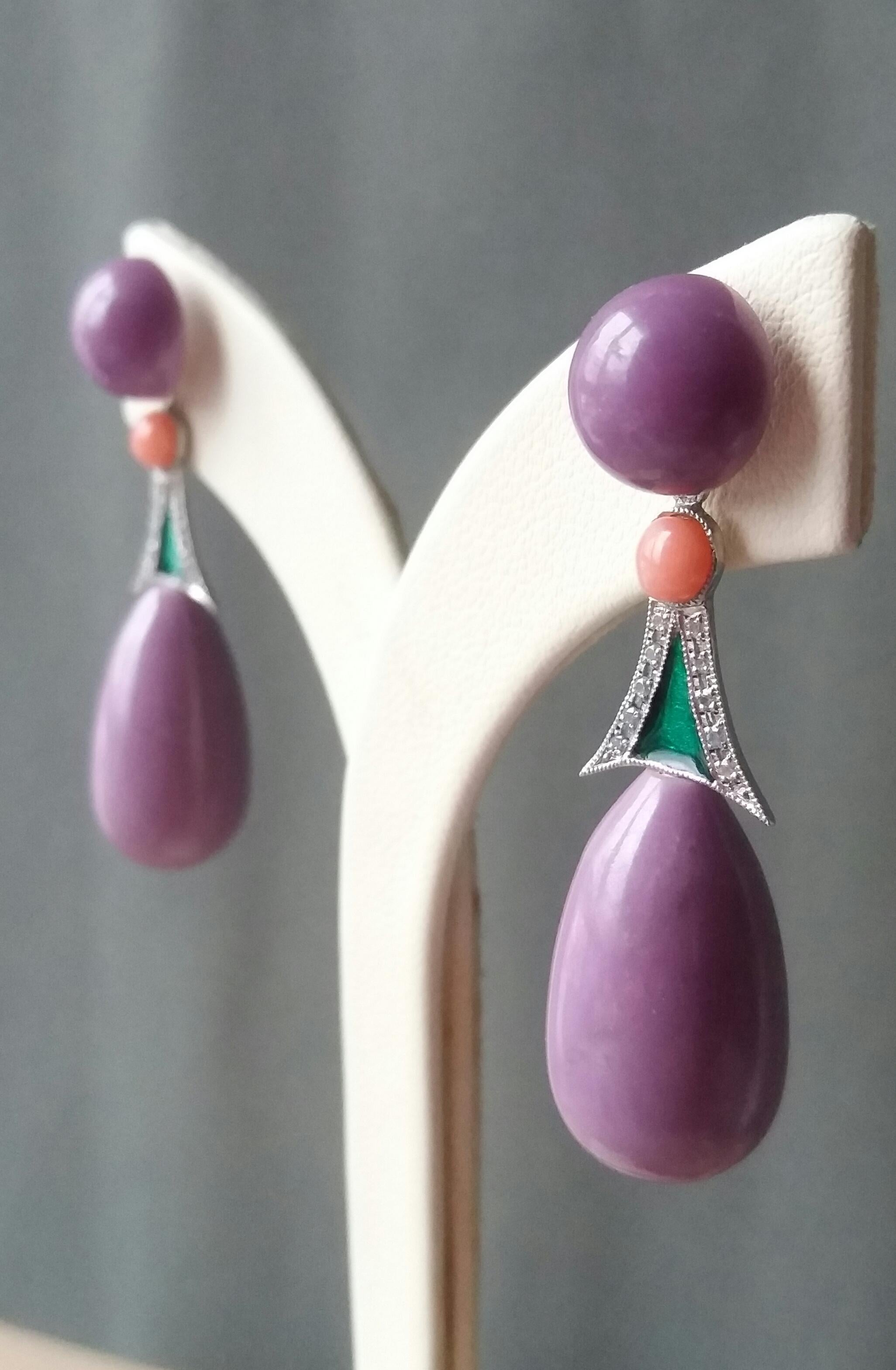Amethyst Phosphosiderite Pink Green Enamel 14k White Gold Diamonds Drop Earrings In Good Condition In Bangkok, TH