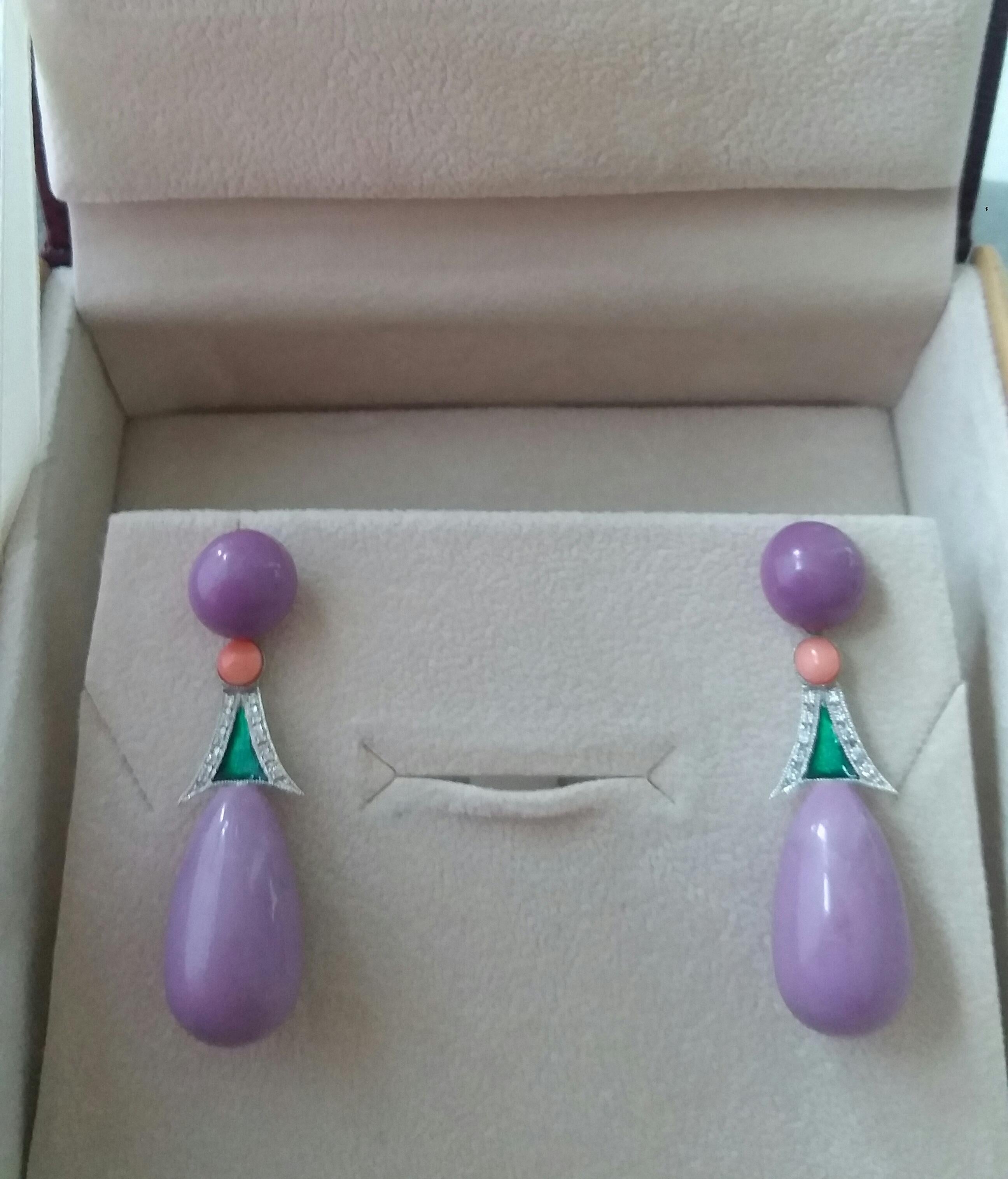 Women's Amethyst Phosphosiderite Pink Green Enamel 14k White Gold Diamonds Drop Earrings