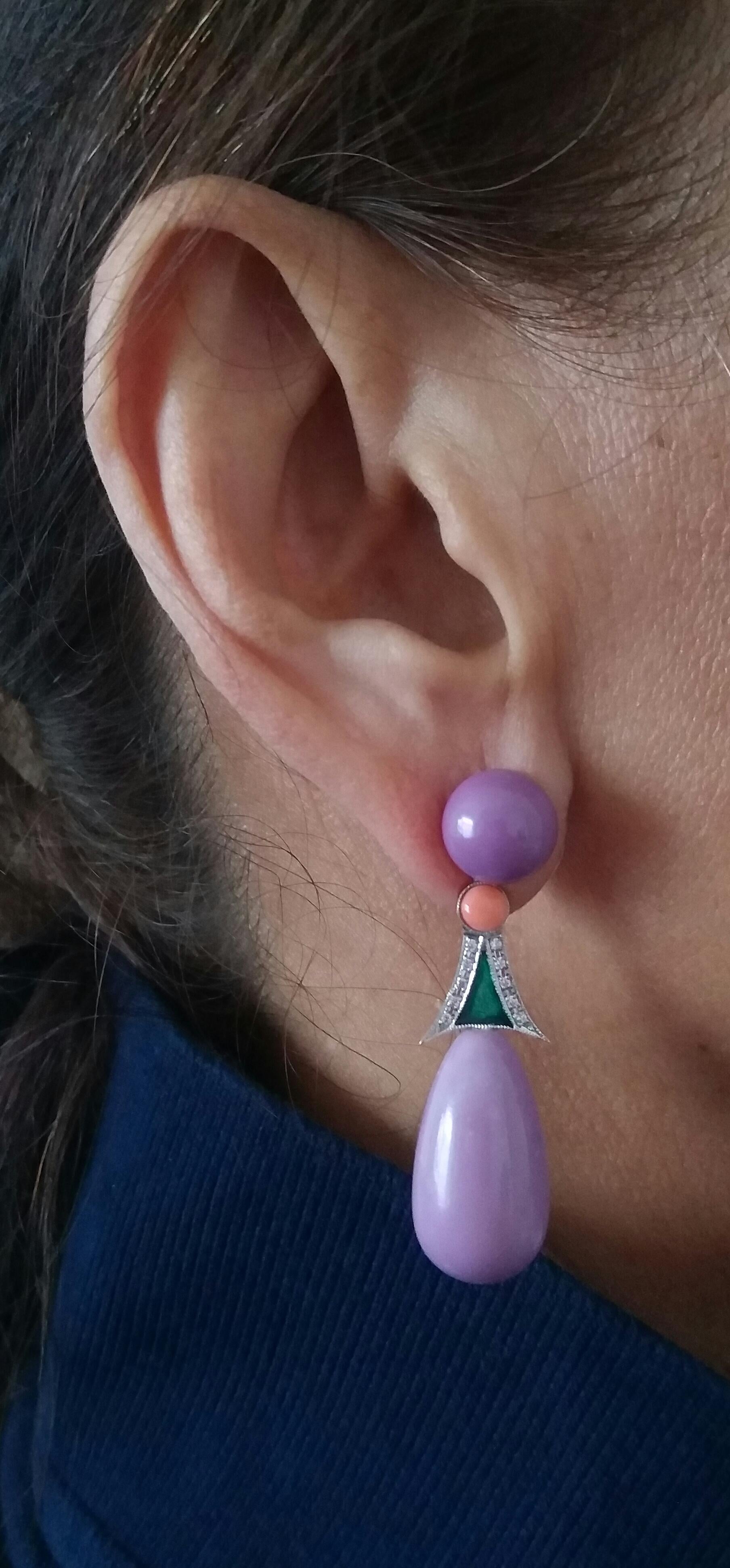 Amethyst Phosphosiderite Pink Green Enamel 14k White Gold Diamonds Drop Earrings 1