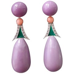 Amethyst Phosphosiderite Pink Green Enamel 14k White Gold Diamonds Drop Earrings