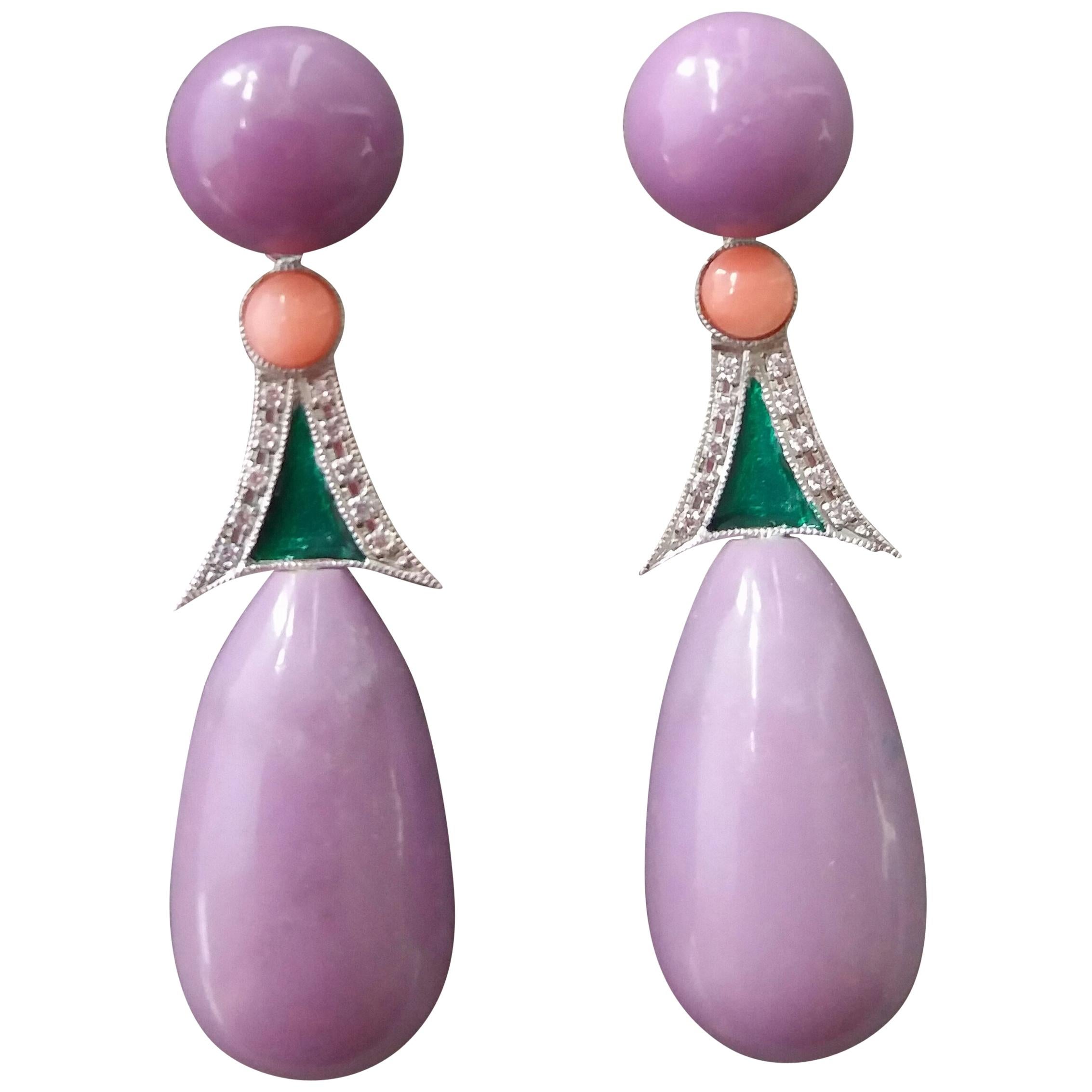 Pendientes Gota Amatista Fosfosiderita Rosa Verde Esmalte Oro Blanco 14k Diamantes
