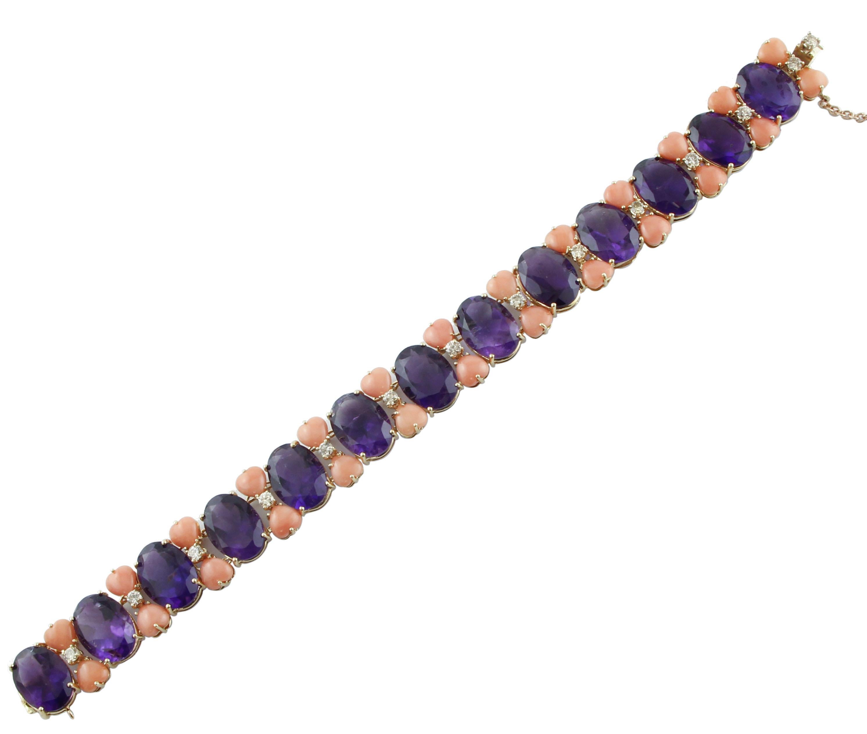 Retro Amethyst, Pink Corals and Diamonds Link Bracelet For Sale