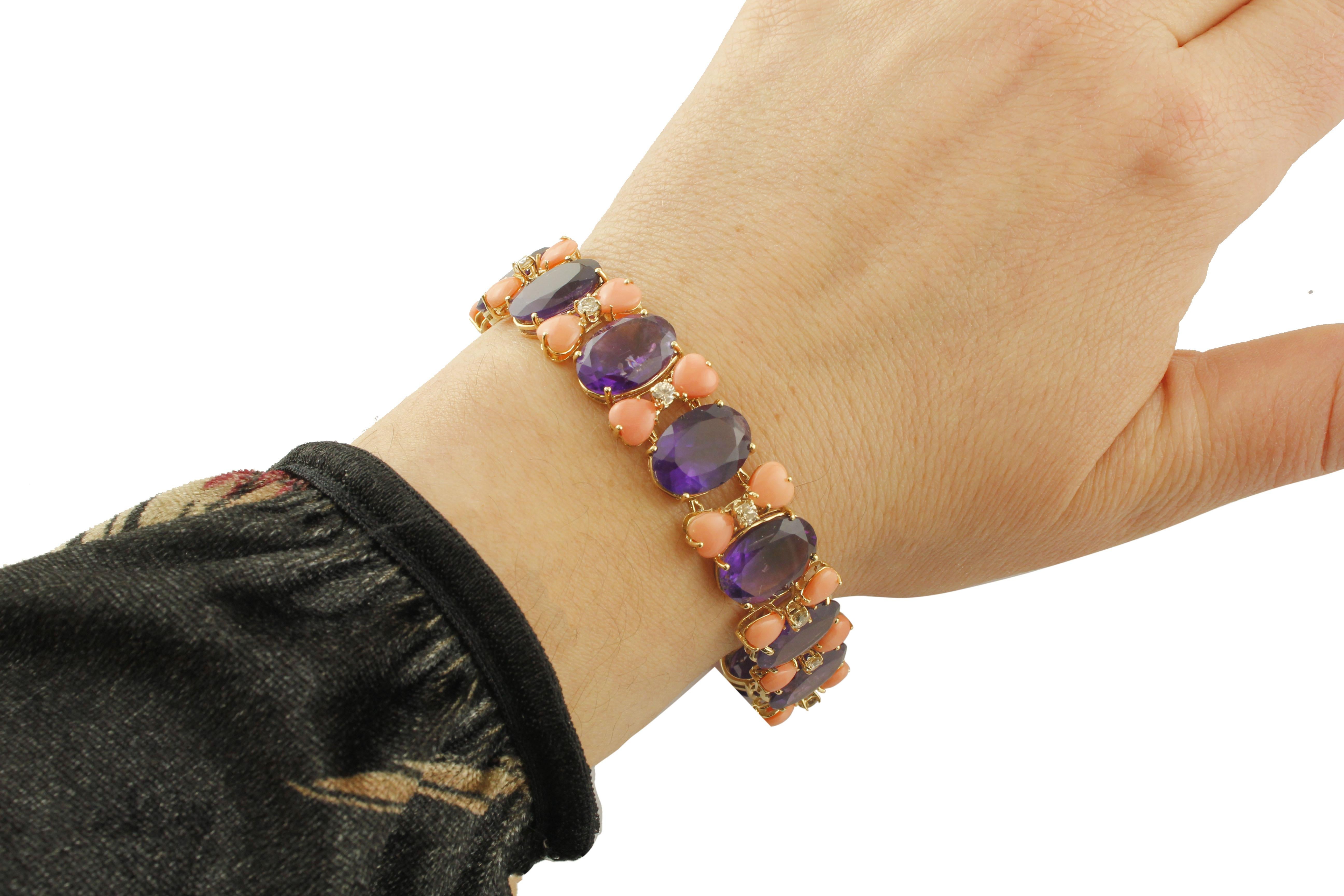 Amethyst, Pink Corals and Diamonds Link Bracelet For Sale 1