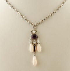 White Diamonds, Amethyst, Pink Coral Drops, Onyx, White Gold Pendant Necklace
