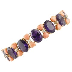 Amethyst, Pink Corals and Diamonds Link Bracelet