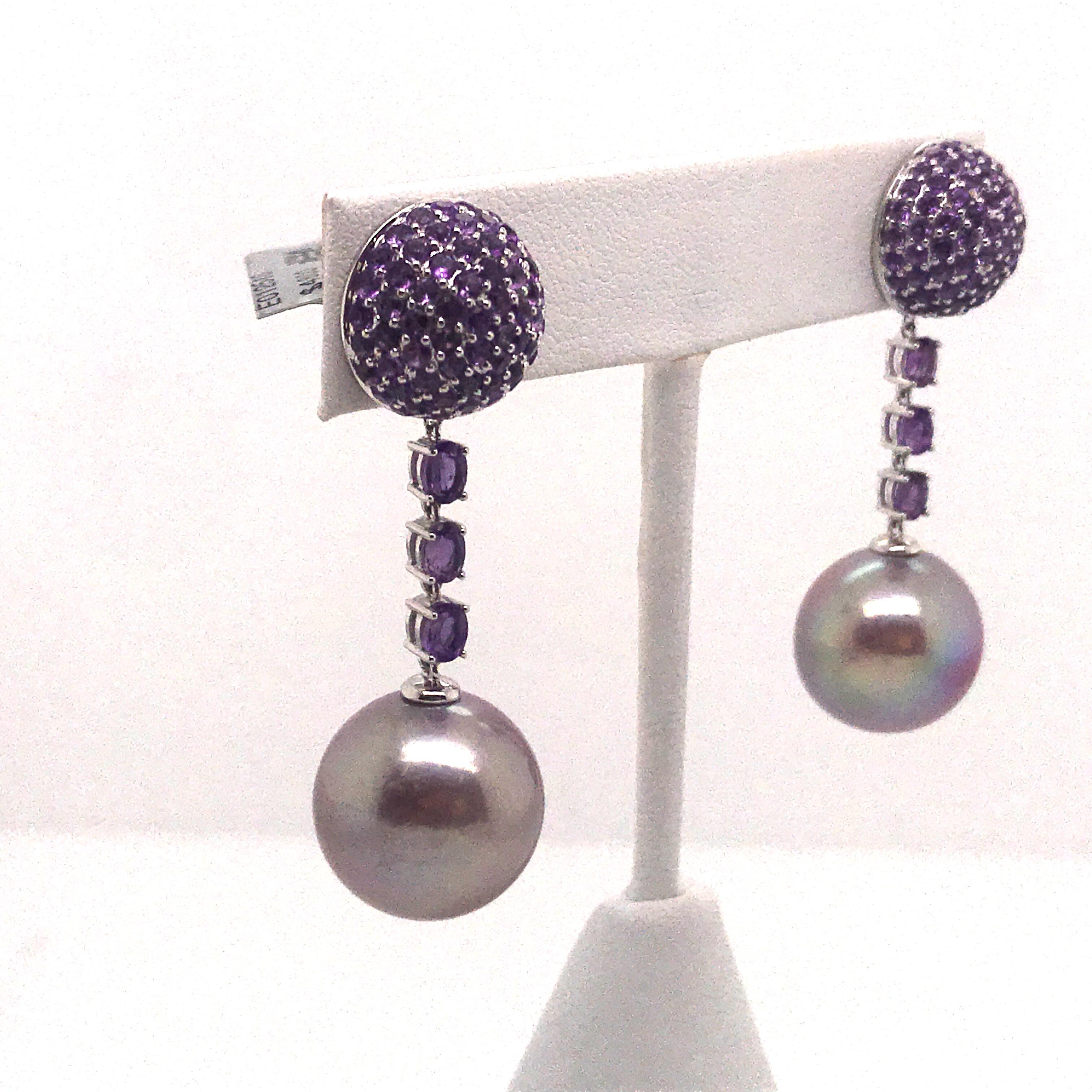 Contemporary Amethyst Pink Freshwater Pearl Drop Earrings 3.22 Carat 18 Karat White Gold For Sale