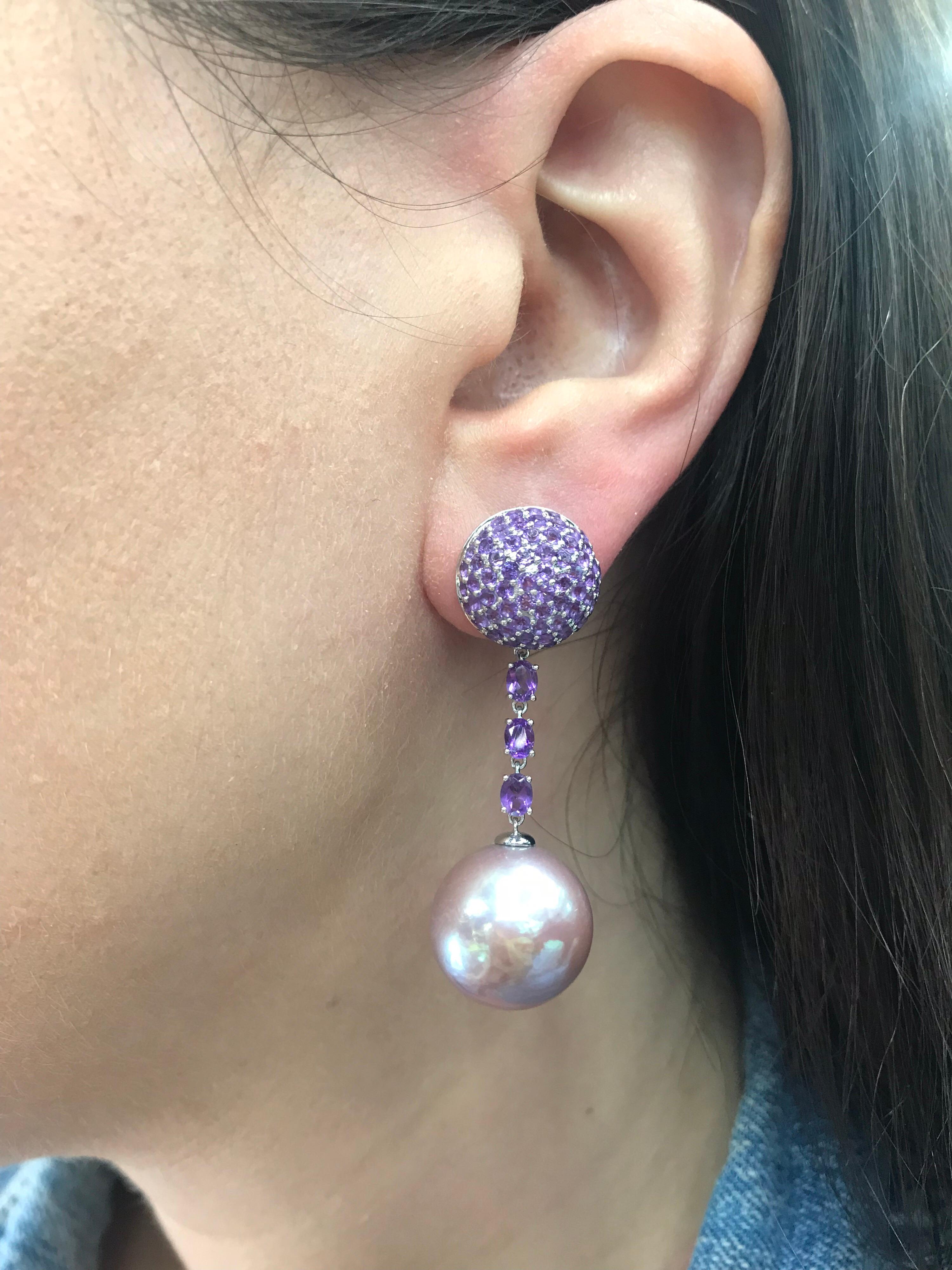 Amethyst Pink Freshwater Pearl Drop Earrings 3.22 Carat 18 Karat White Gold In New Condition For Sale In New York, NY