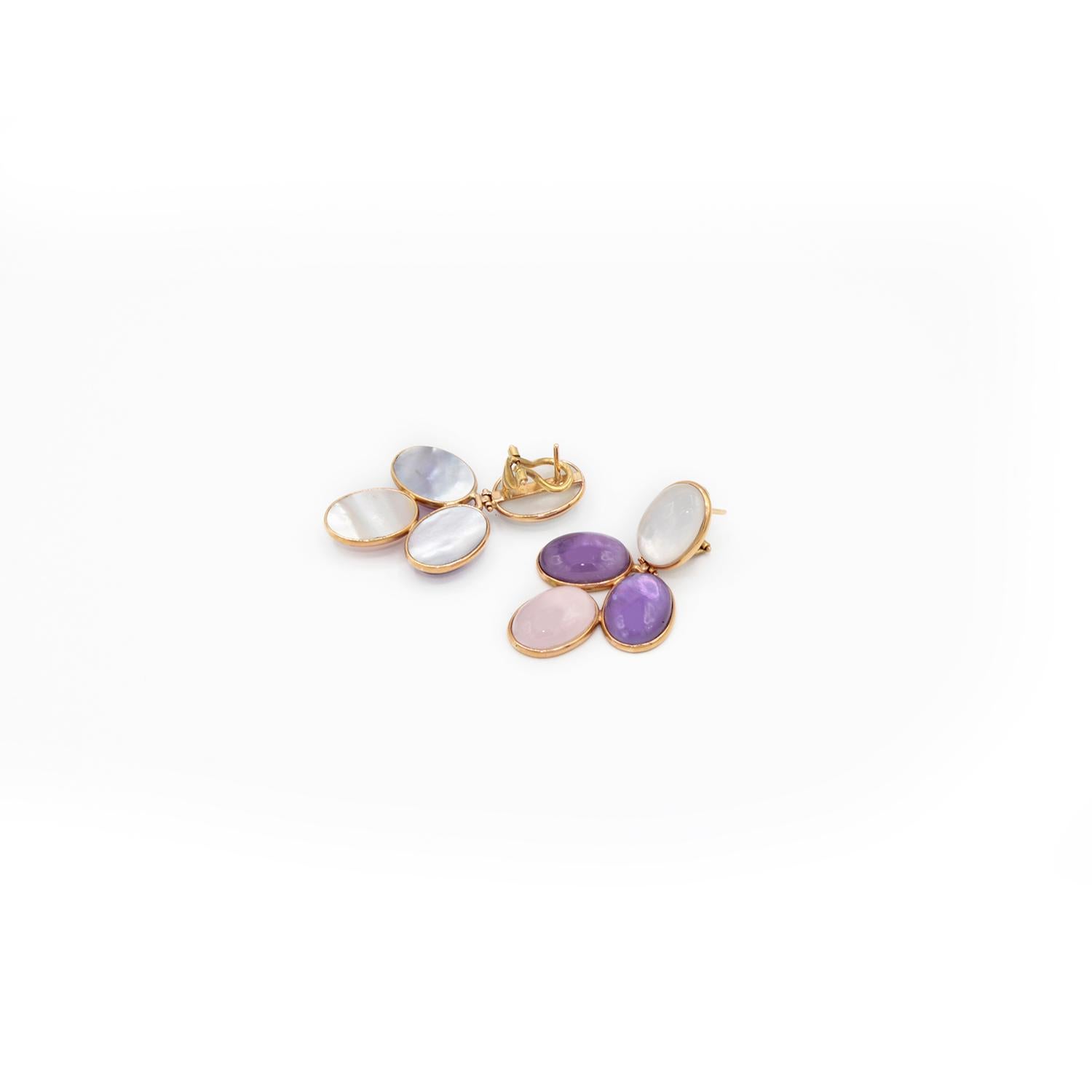 Cabochon Amethyst, Pink Quartz and Ialino Quartz 18 Karat Pink Gold Earrings For Sale