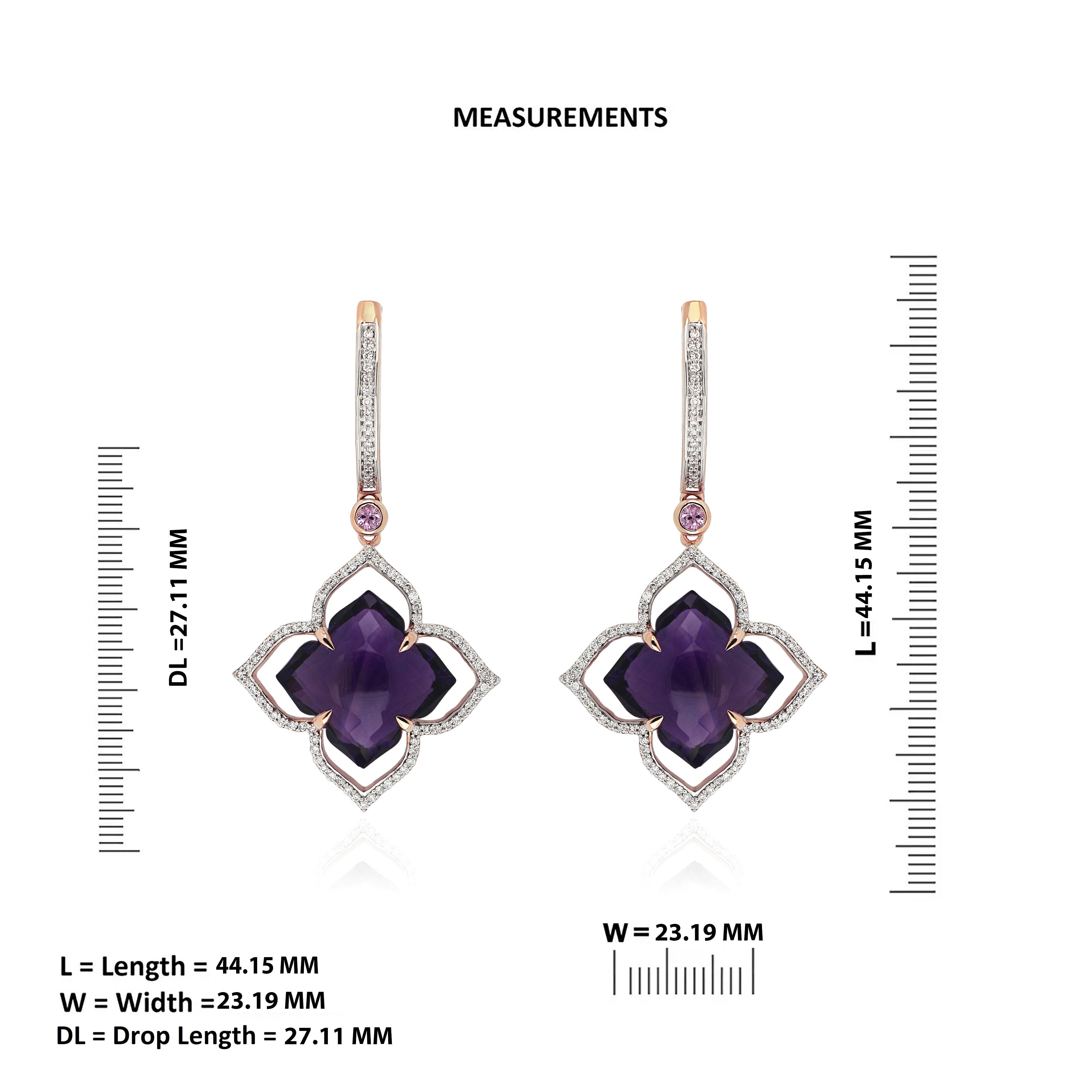 Women's Amethyst, Pink Sapphire and Diamond Earring in 14 karat Rose Gold Drop Earring For Sale